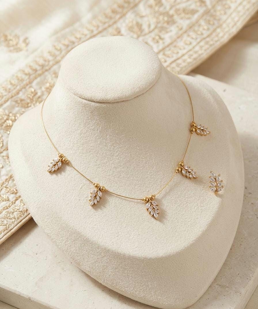 Dainty Leaf Jewelry Set, Gold Marquise Crystal Necklace and Earrings