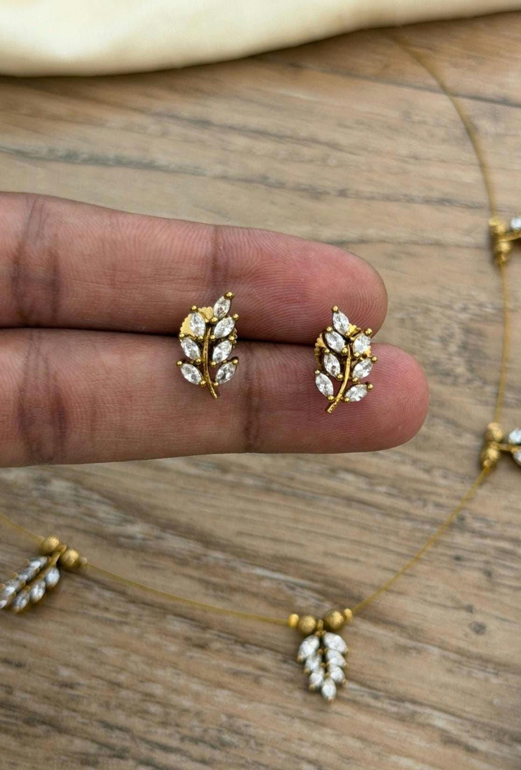 Dainty Leaf Jewelry Set, Gold Marquise Crystal Necklace and Earrings