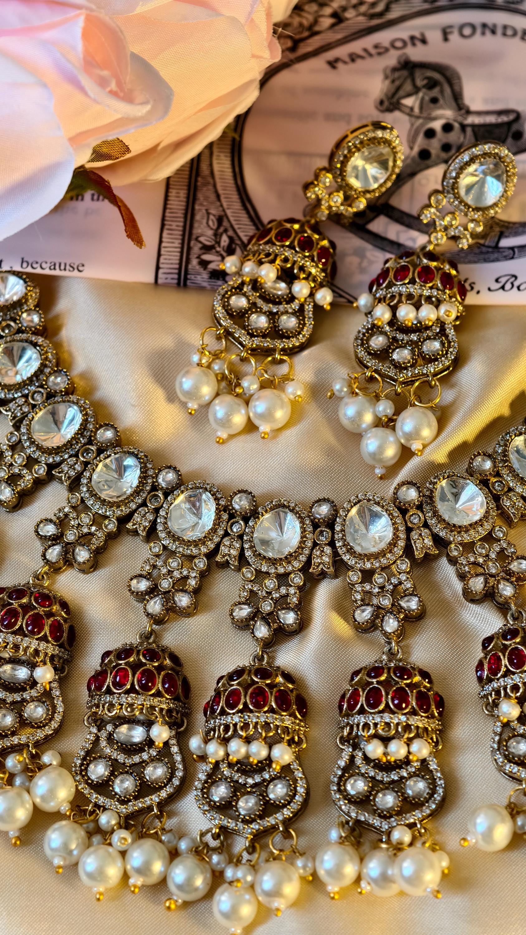 Kundan Bridal Necklace Set, Polki Choker, Jhumka Earrings, Indian Wedding Jewelry