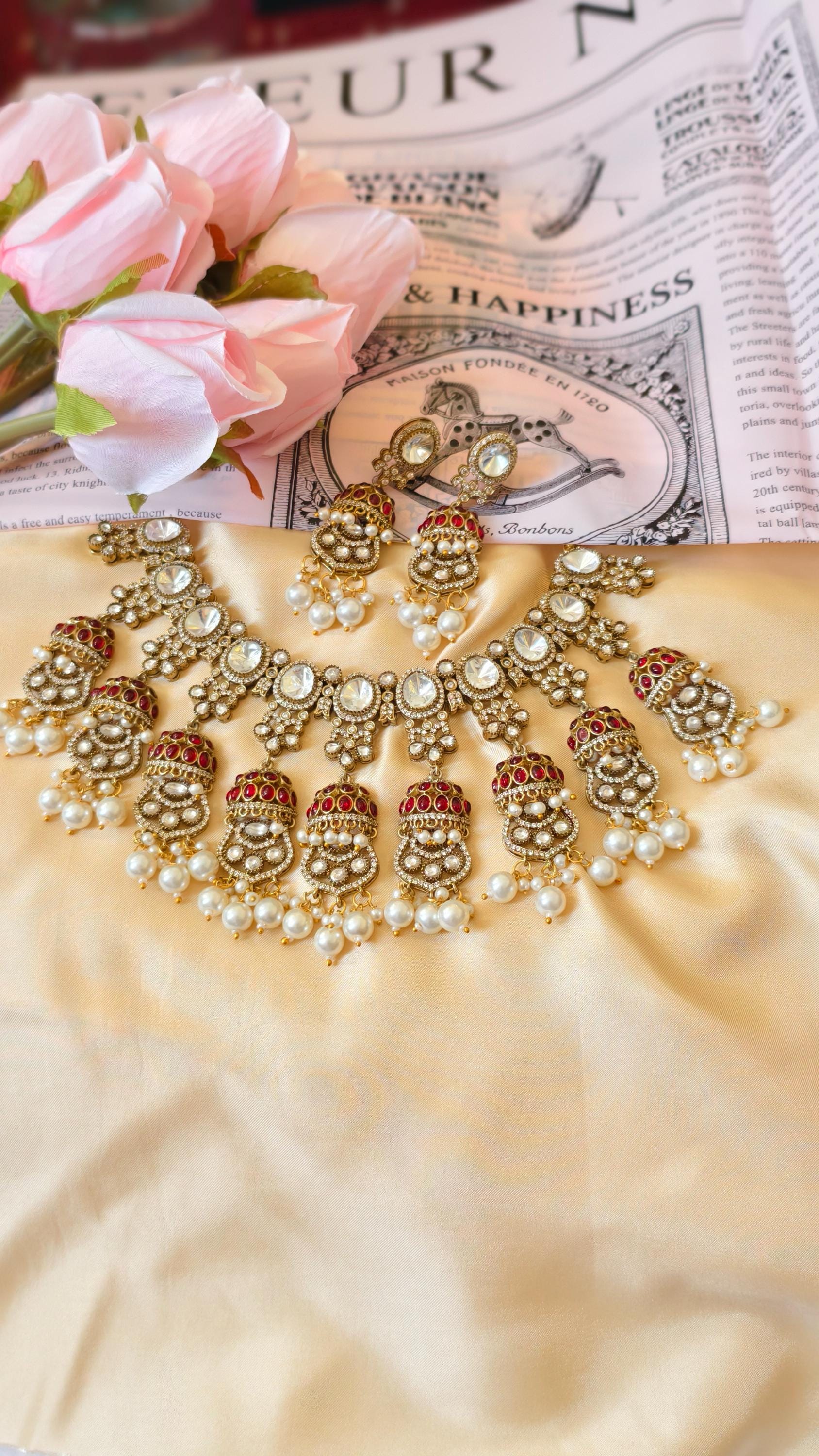 Kundan Bridal Necklace Set, Polki Choker, Jhumka Earrings, Indian Wedding Jewelry