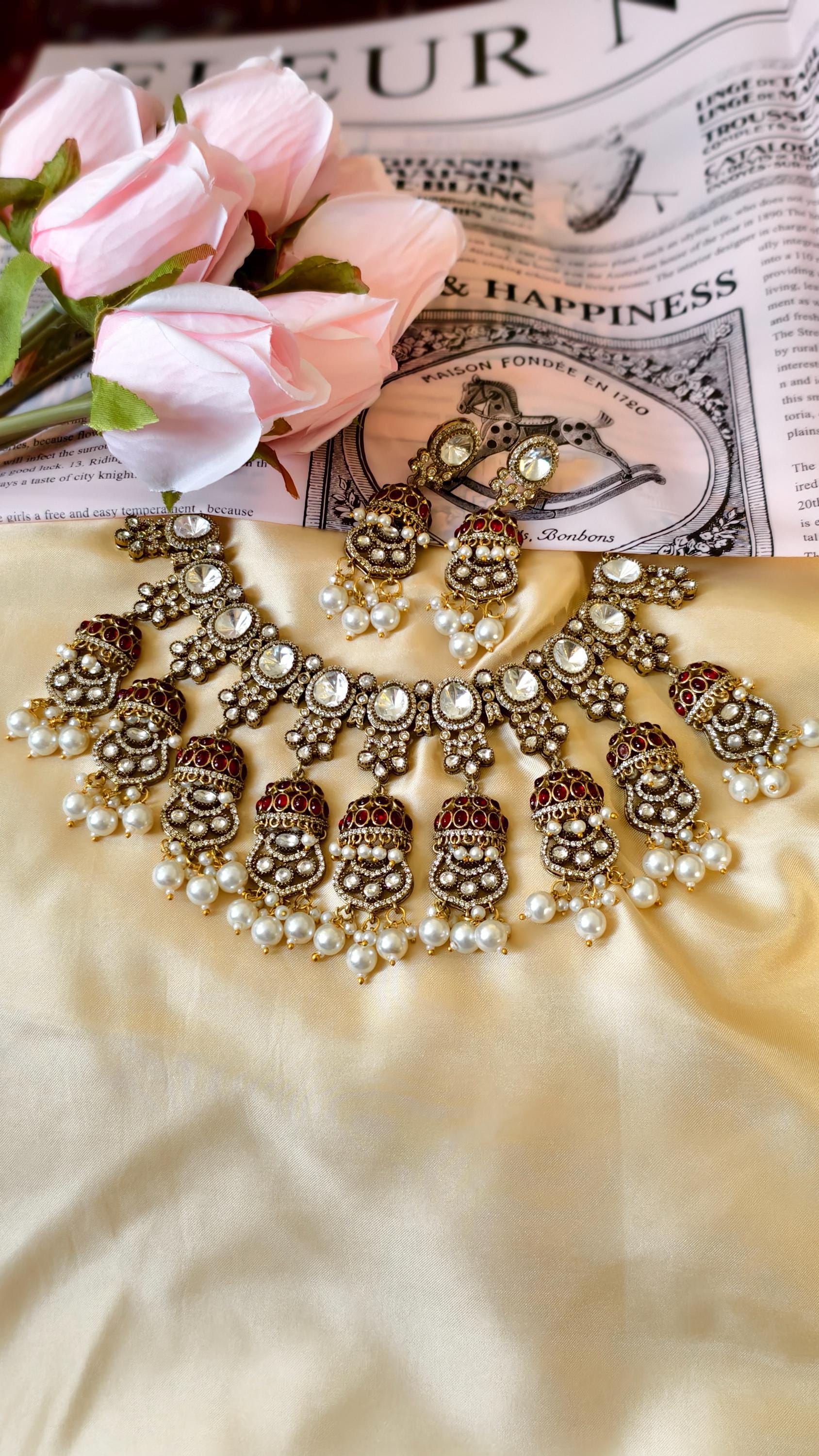 Kundan Bridal Necklace Set, Polki Choker, Jhumka Earrings, Indian Wedding Jewelry