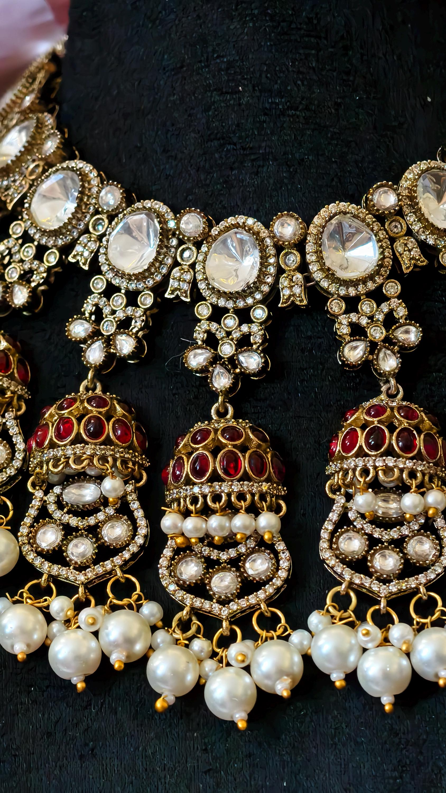 Kundan Bridal Necklace Set, Polki Choker, Jhumka Earrings, Indian Wedding Jewelry