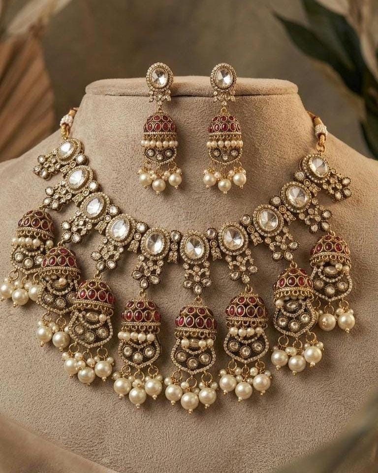 Kundan Bridal Necklace Set, Polki Choker, Jhumka Earrings, Indian Wedding Jewelry