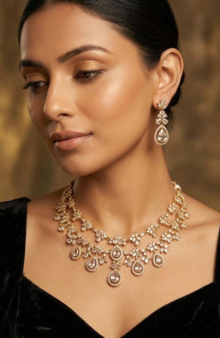 Gold Teardrop Necklace Earrings Set, Bridal Choker, Indian Wedding Crystal Jewelry