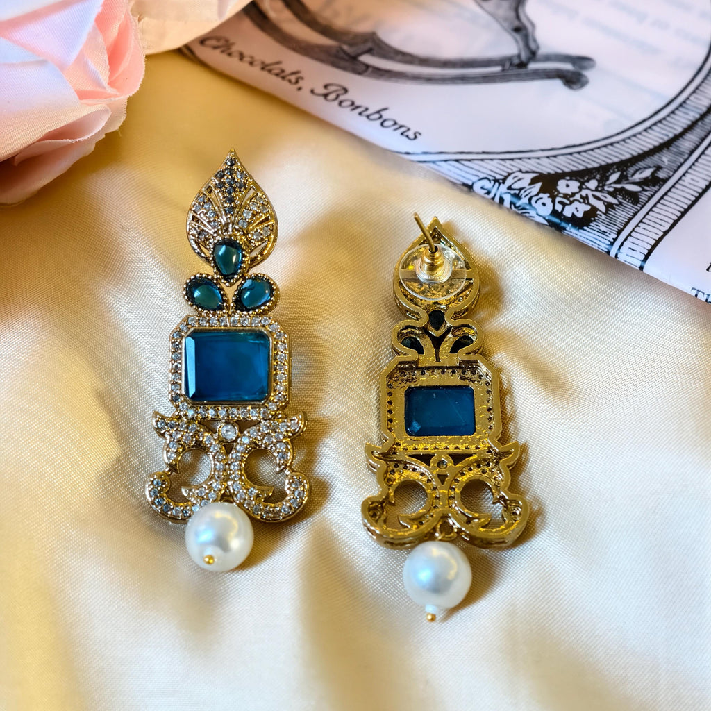 Gold Plated Chandbali Earrings, Blue Stones, Pearl Drops, Victorian Indian Jewelry