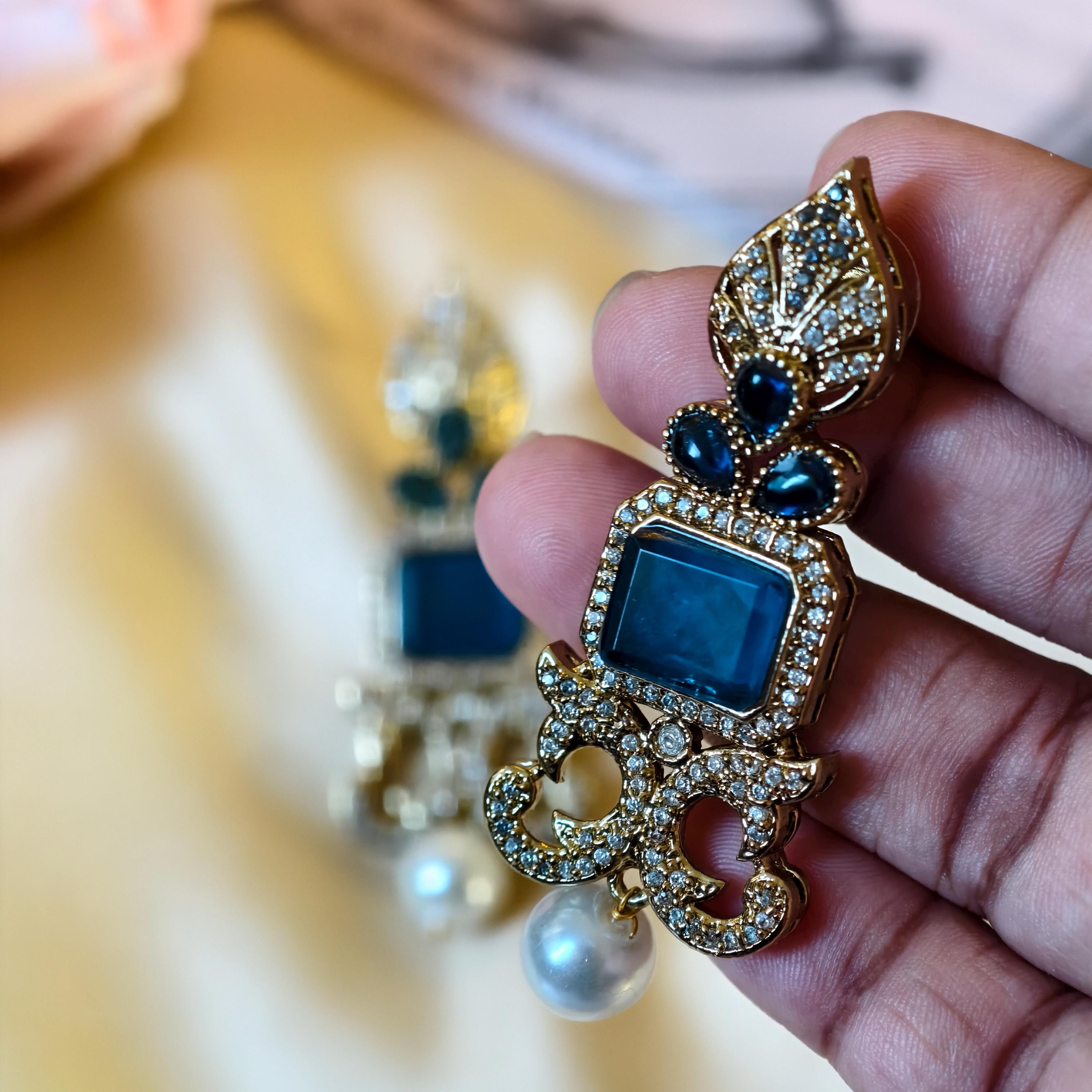 Gold Plated Chandbali Earrings, Blue Stones, Pearl Drops, Victorian Indian Jewelry