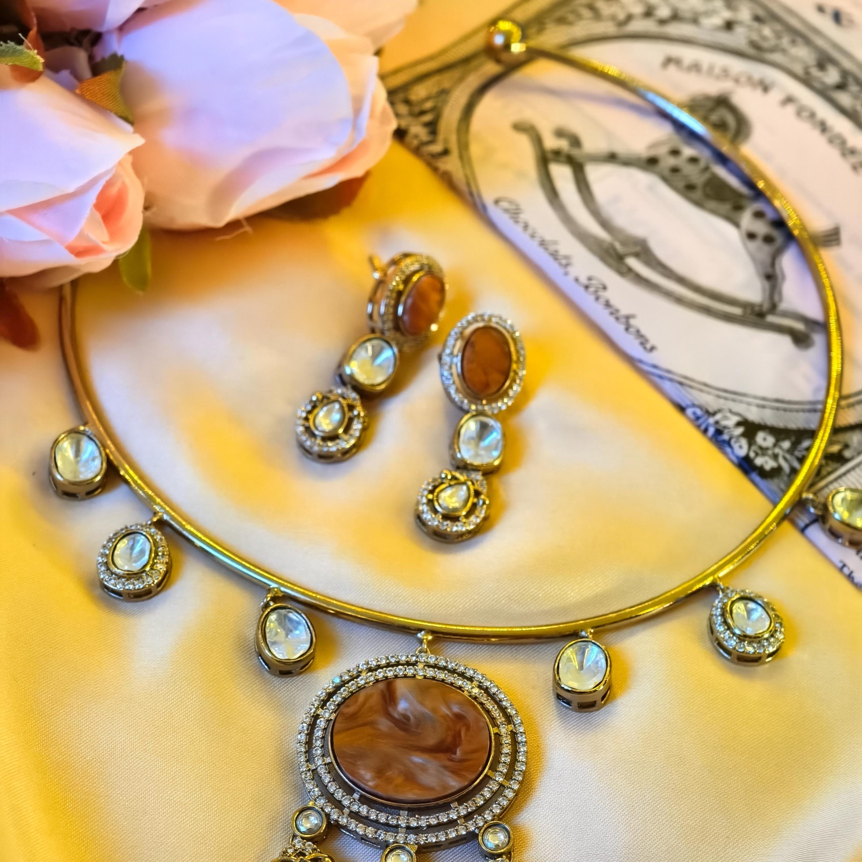 Gold Plated Hasli Necklace Set, Marbled Resin, Kundan Stones, Bridal Torque Choker