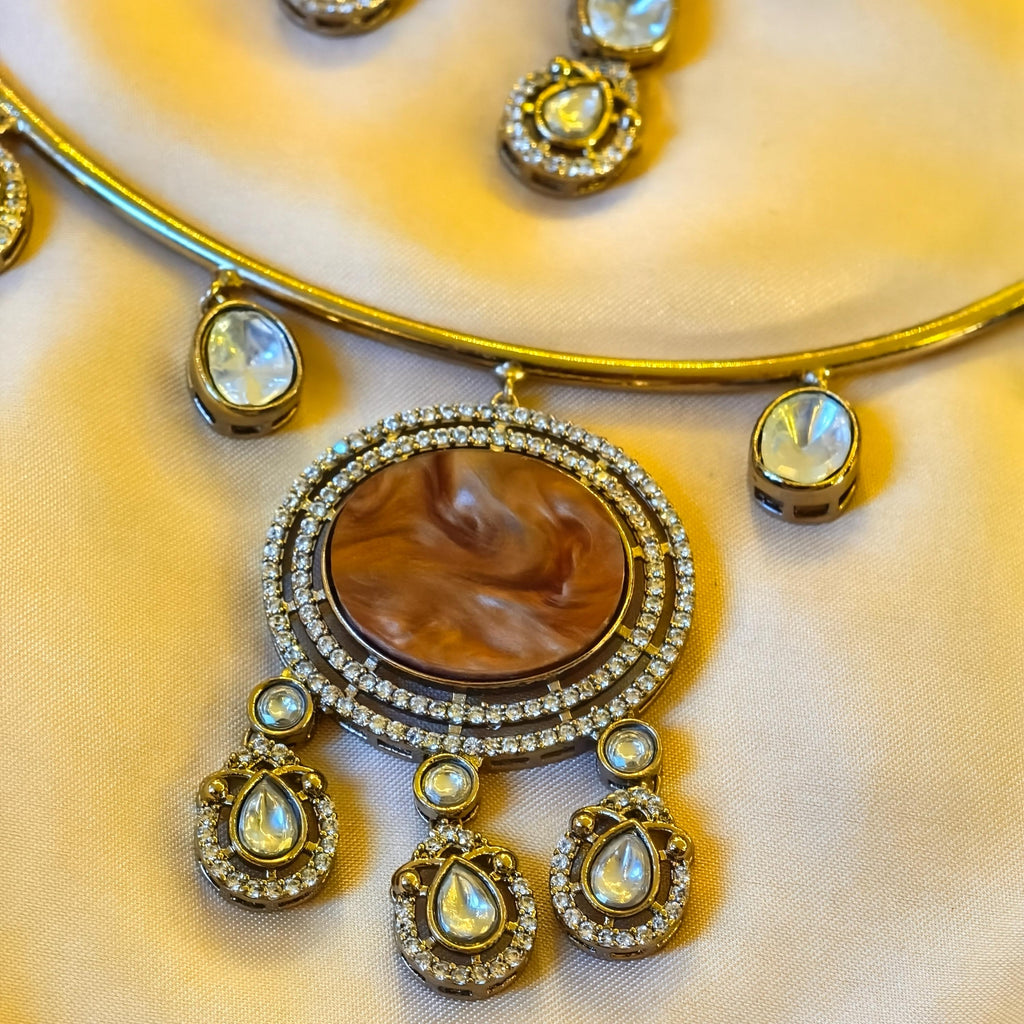 Gold Plated Hasli Necklace Set, Marbled Resin, Kundan Stones, Bridal Torque Choker