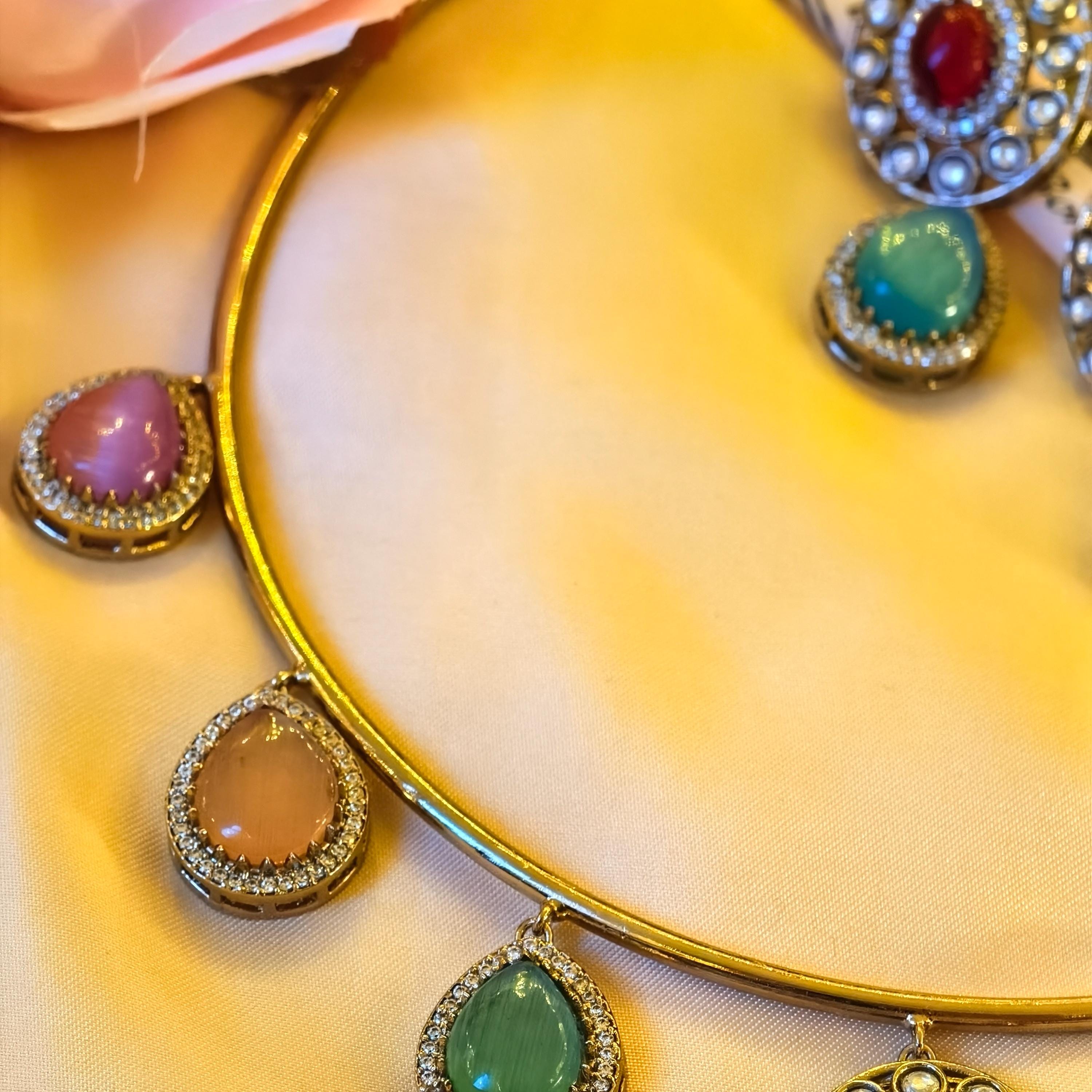Navratna Kundan Hasli Necklace Set | Gold Plated Meenakari Choker with Earrings
