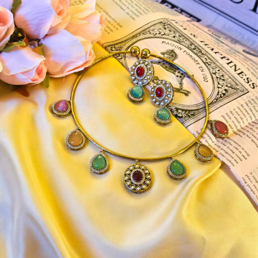 Navratna Kundan Hasli Necklace Set | Gold Plated Meenakari Choker with Earrings
