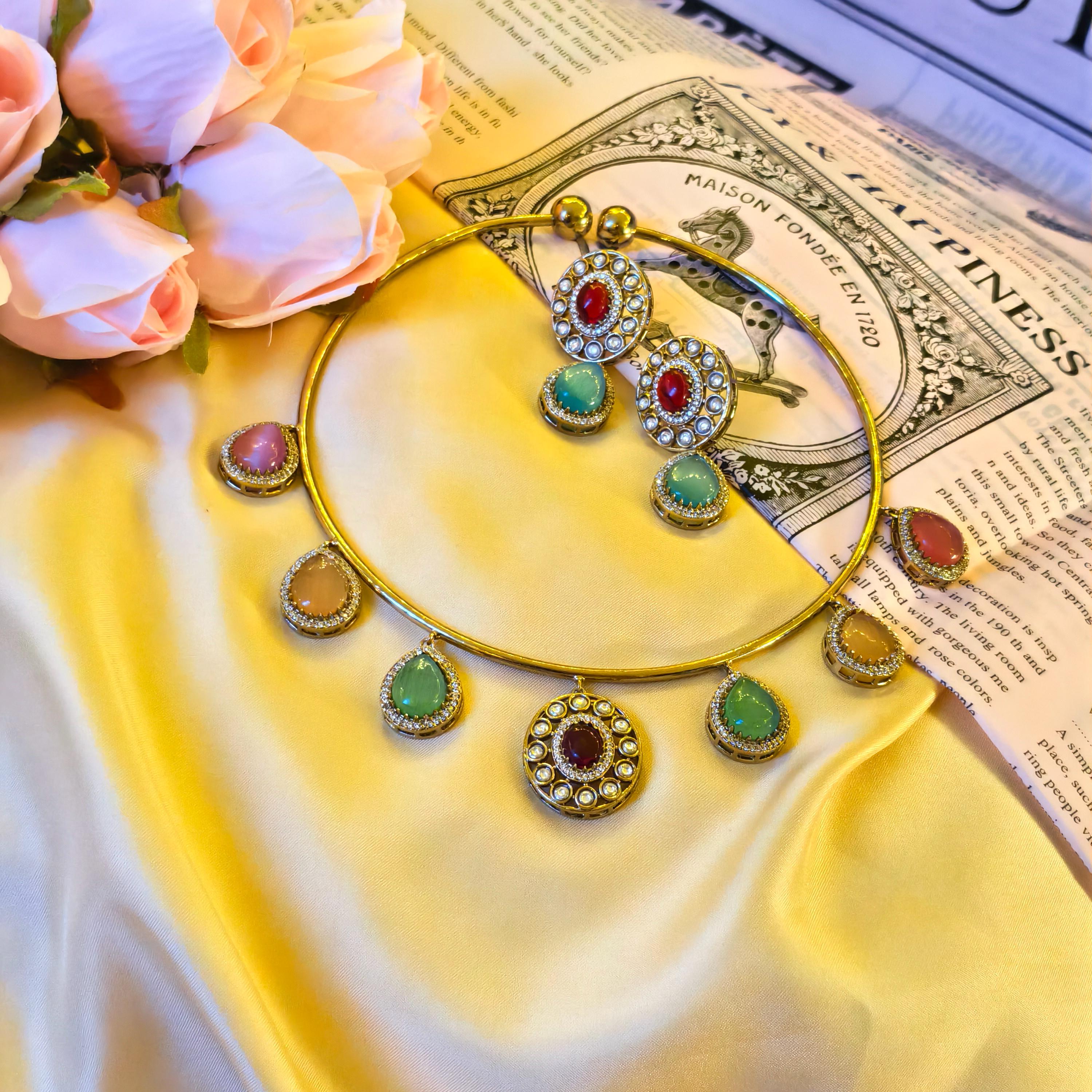 Navratna Kundan Hasli Necklace Set | Gold Plated Meenakari Choker with Earrings