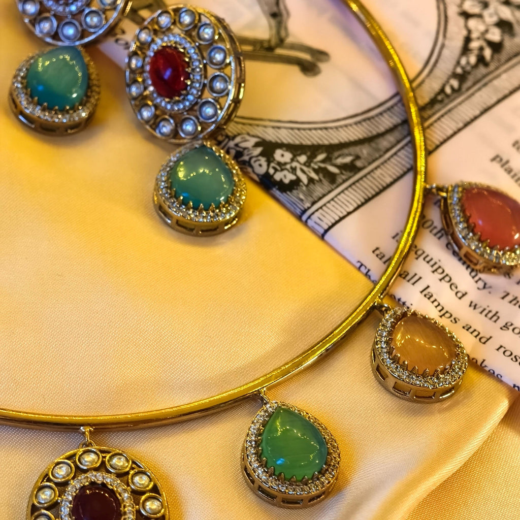 Navratna Kundan Hasli Necklace Set | Gold Plated Meenakari Choker with Earrings