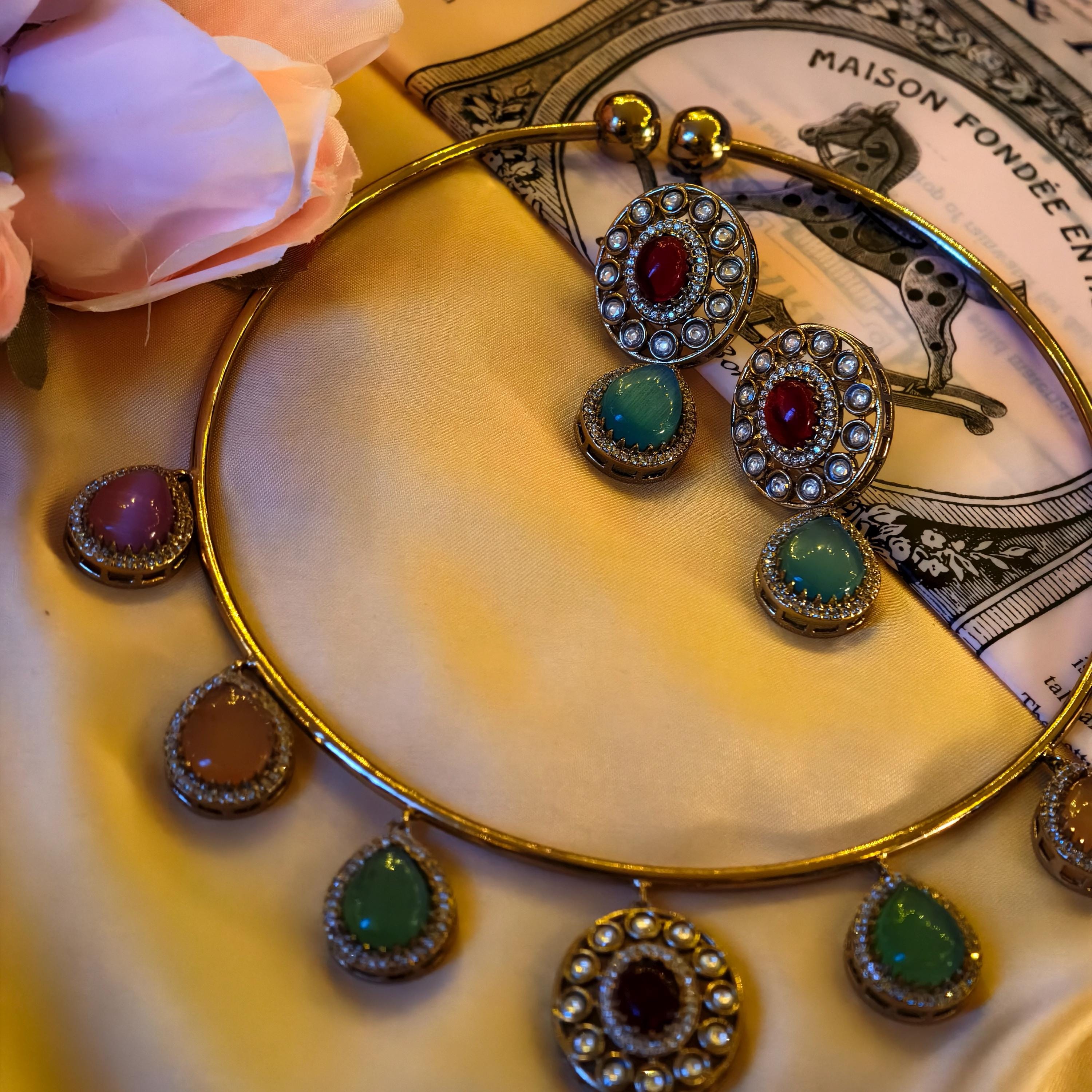 Navratna Kundan Hasli Necklace Set | Gold Plated Meenakari Choker with Earrings