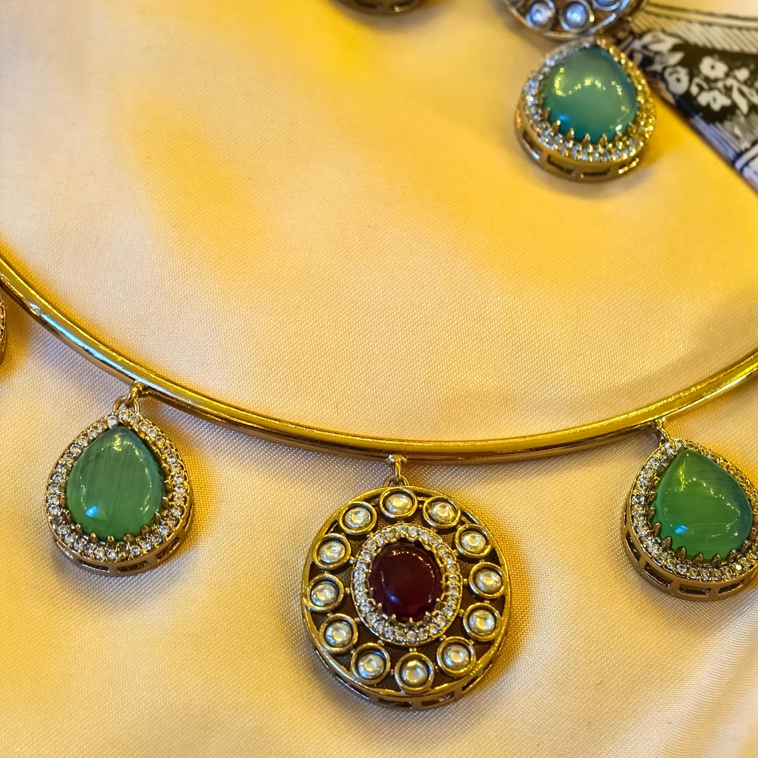 Navratna Kundan Hasli Necklace Set | Gold Plated Meenakari Choker with Earrings