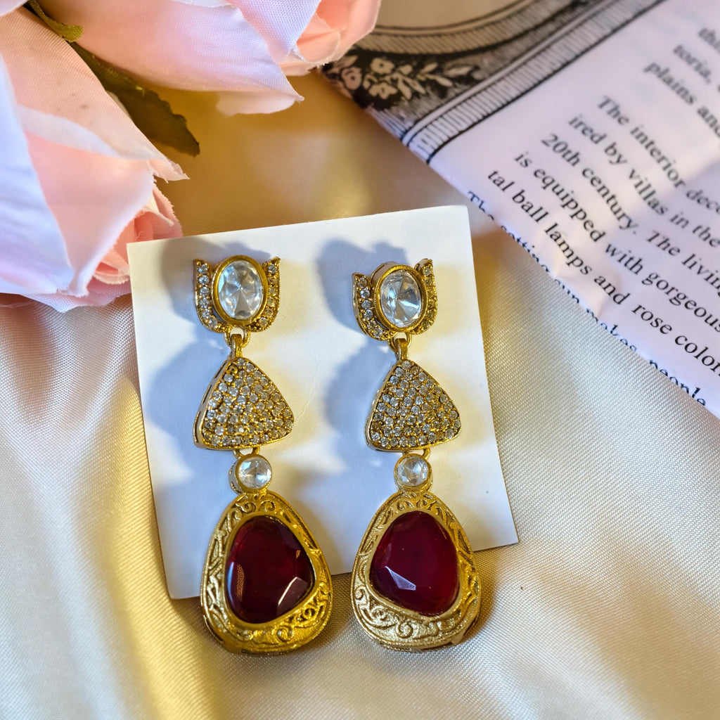 Sabyasachi Inspired Red Polki Kundan Drop Earrings, Victorian Bridal Jewelry