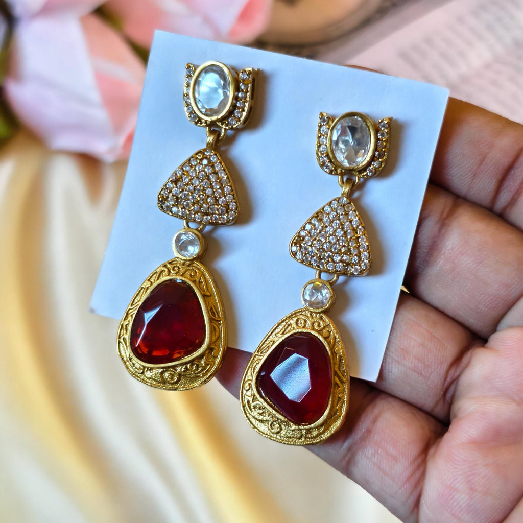 Sabyasachi Inspired Red Polki Kundan Drop Earrings, Victorian Bridal Jewelry