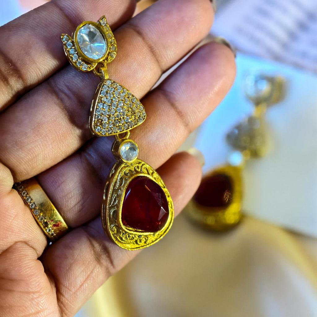 Sabyasachi Inspired Red Polki Kundan Drop Earrings, Victorian Bridal Jewelry