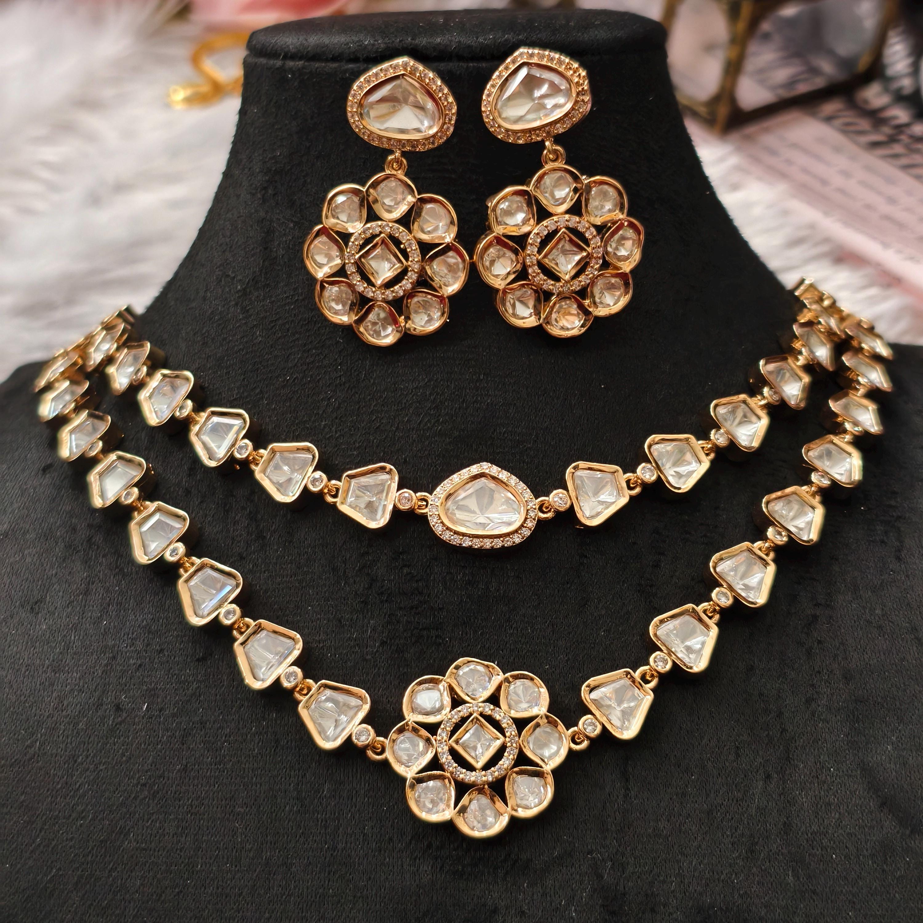 Tyani Inspired Kundan Necklace Set | Floral Chandbali Earrings, Uncut Polki Jewelry