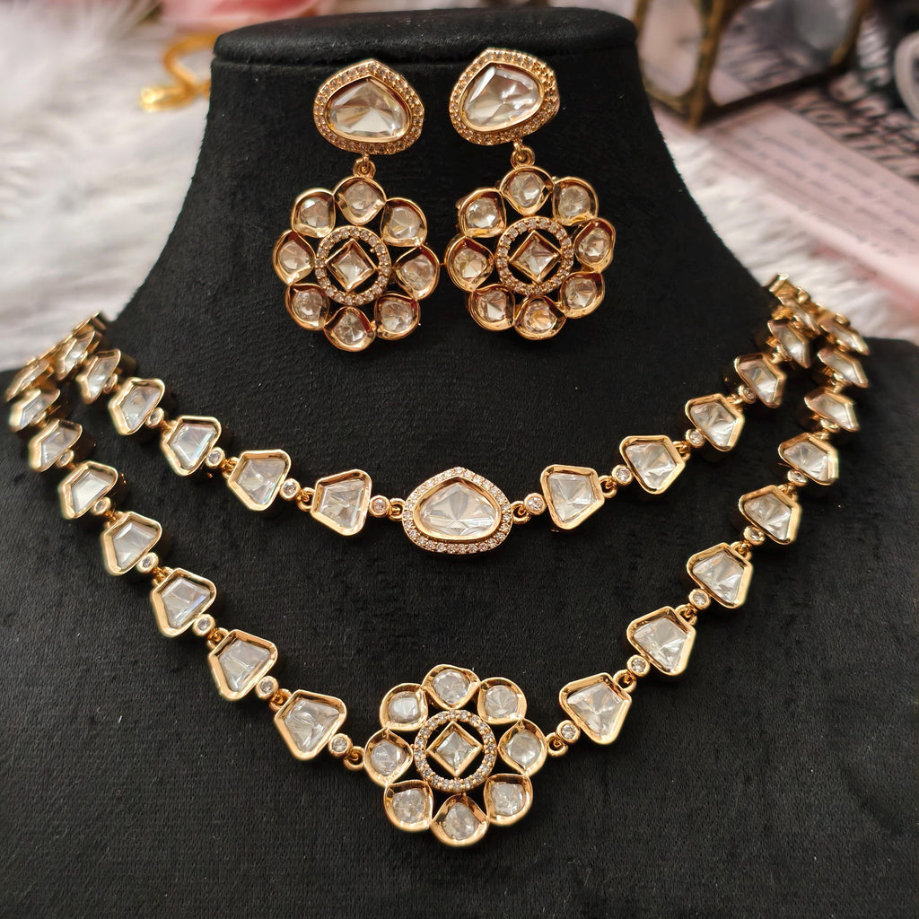 Tyani Inspired Kundan Necklace Set | Floral Chandbali Earrings, Uncut Polki Jewelry