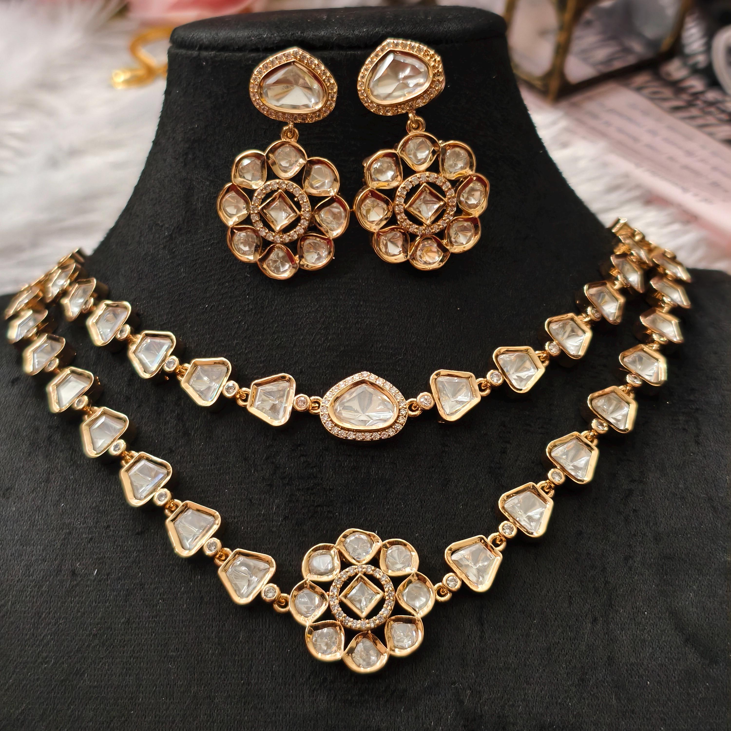 Tyani Inspired Kundan Necklace Set | Floral Chandbali Earrings, Uncut Polki Jewelry