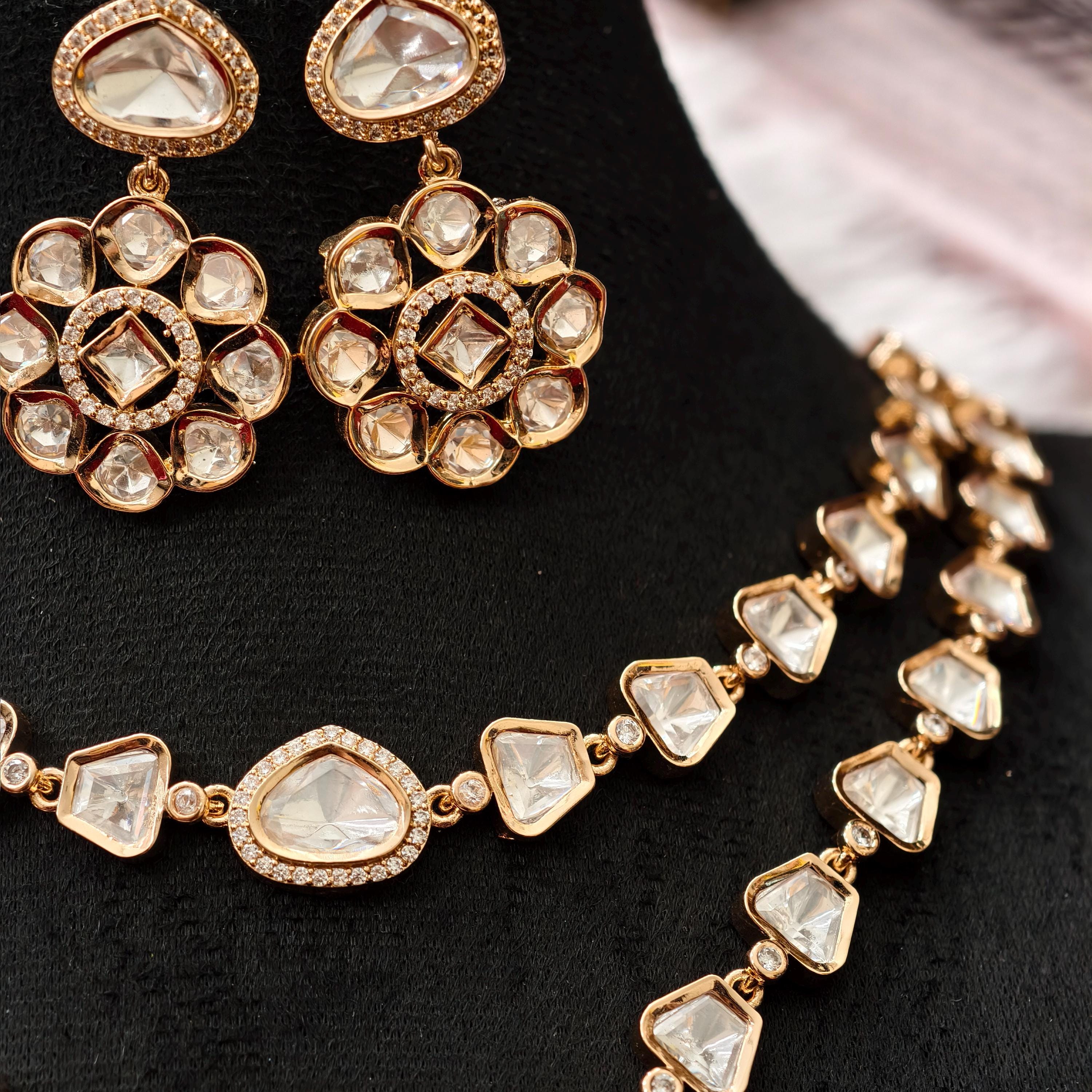 Tyani Inspired Kundan Necklace Set | Floral Chandbali Earrings, Uncut Polki Jewelry