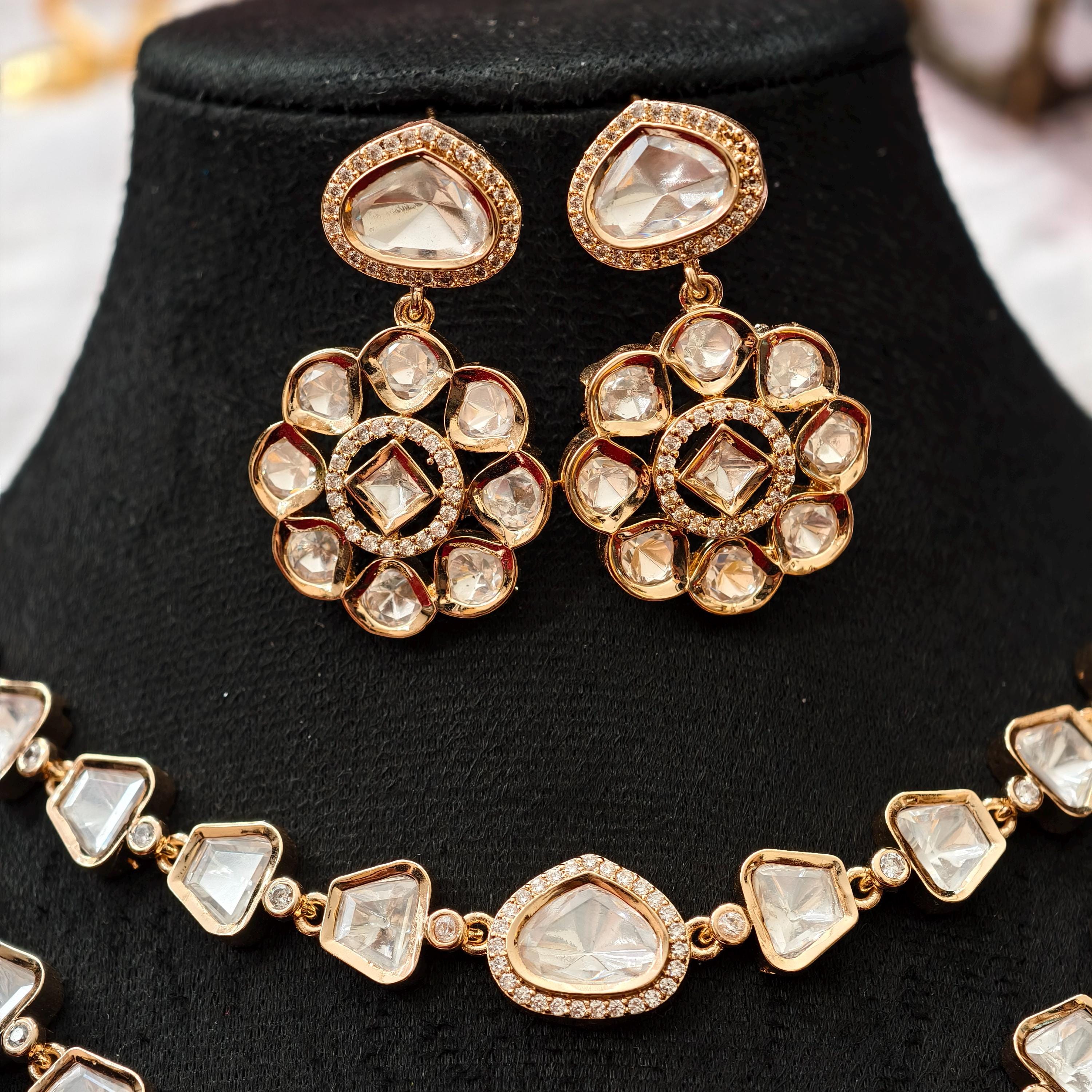 Tyani Inspired Kundan Necklace Set | Floral Chandbali Earrings, Uncut Polki Jewelry