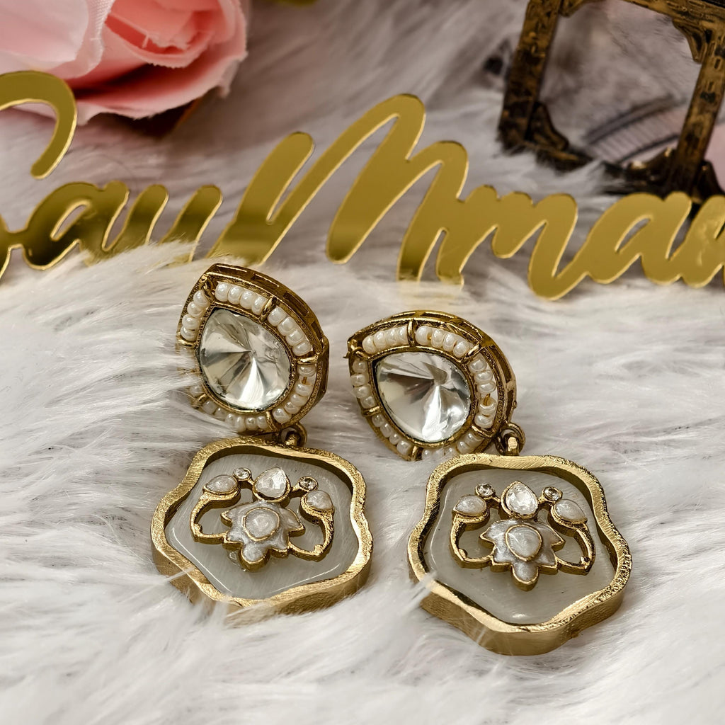Mother of Pearl Floral Drop Earrings | Kundan Inlay Statement Jewelry