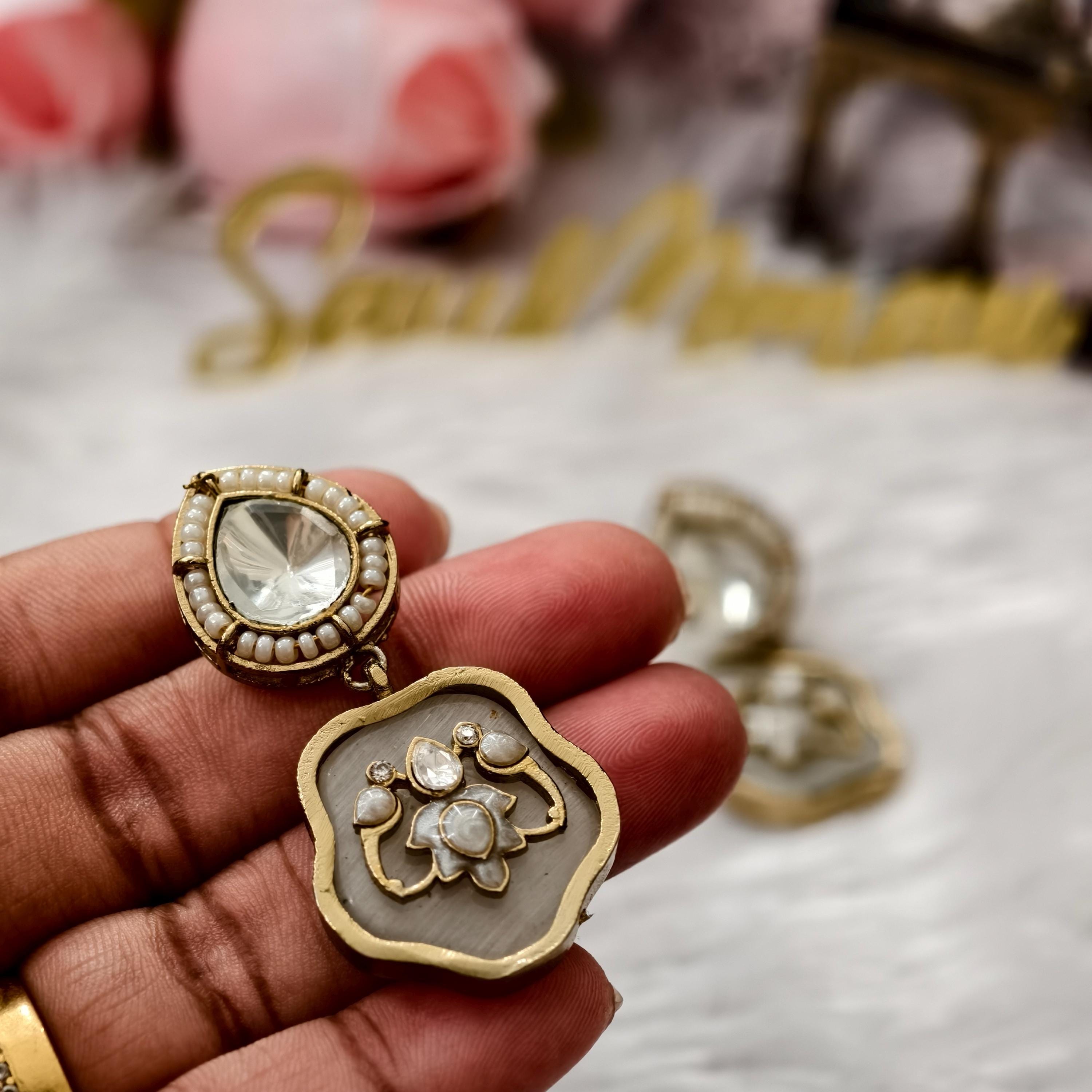 Mother of Pearl Floral Drop Earrings | Kundan Inlay Statement Jewelry