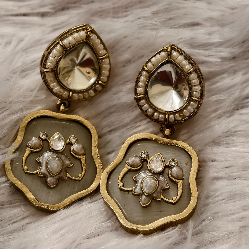 Mother of Pearl Floral Drop Earrings | Kundan Inlay Statement Jewelry