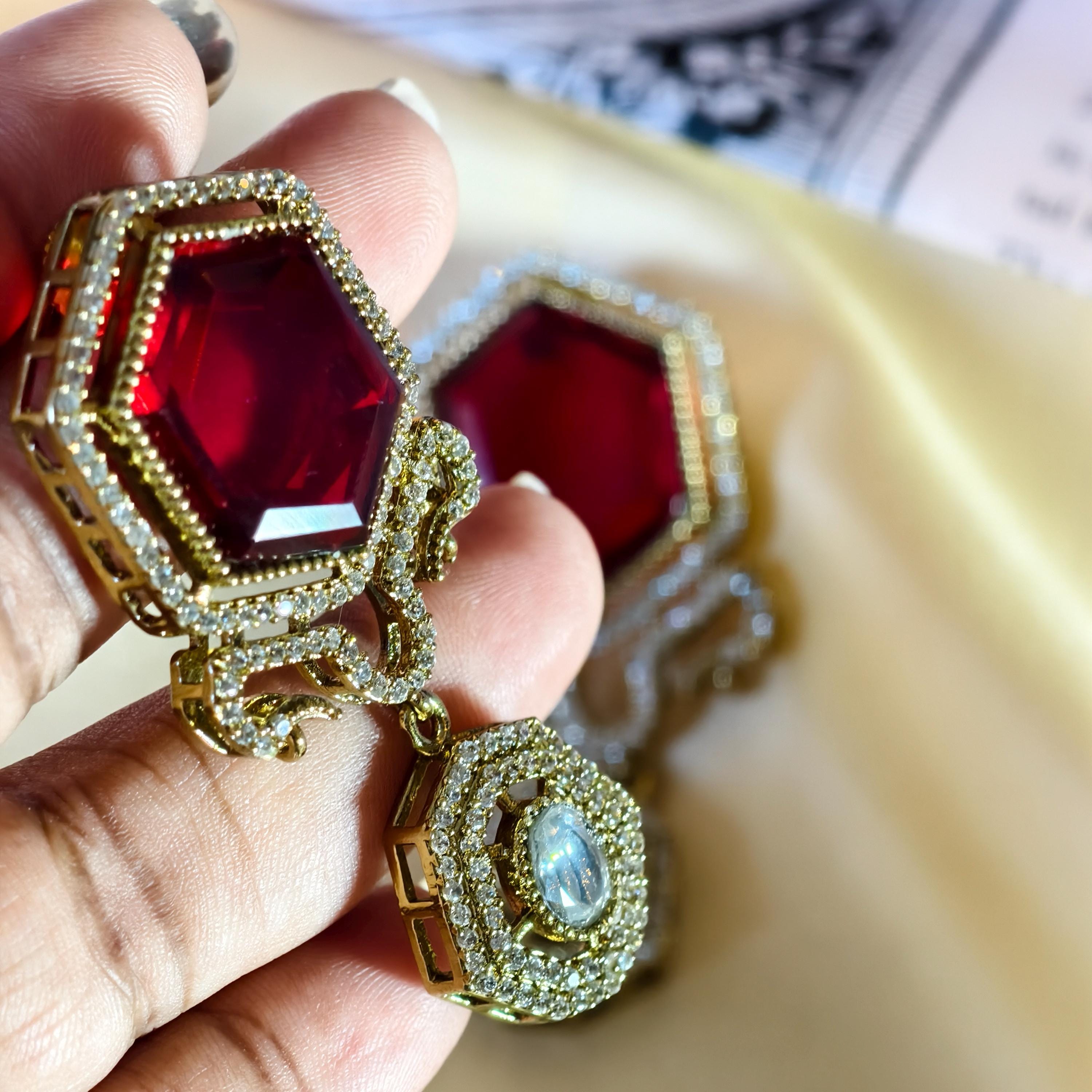 Sabyasachi Inspired Ruby Red Hexagon Drop Earrings | Victorian Polki Dangle Indian Bridal Jewelry
