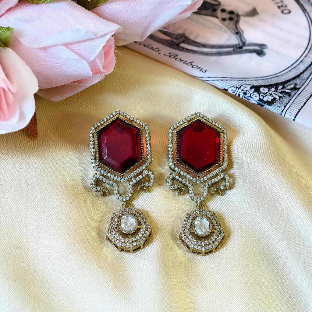Sabyasachi Inspired Ruby Red Hexagon Drop Earrings | Victorian Polki Dangle Indian Bridal Jewelry