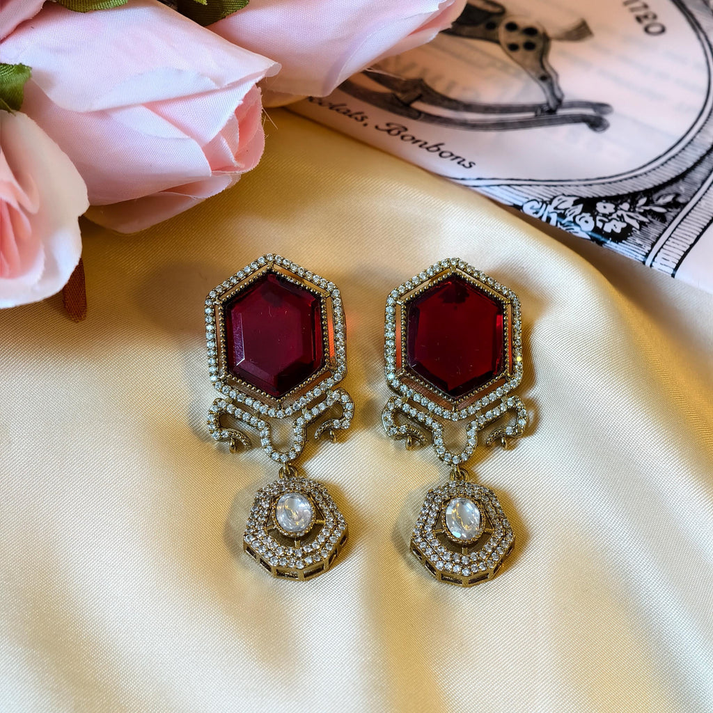 Sabyasachi Inspired Ruby Red Hexagon Drop Earrings | Victorian Polki Dangle Indian Bridal Jewelry