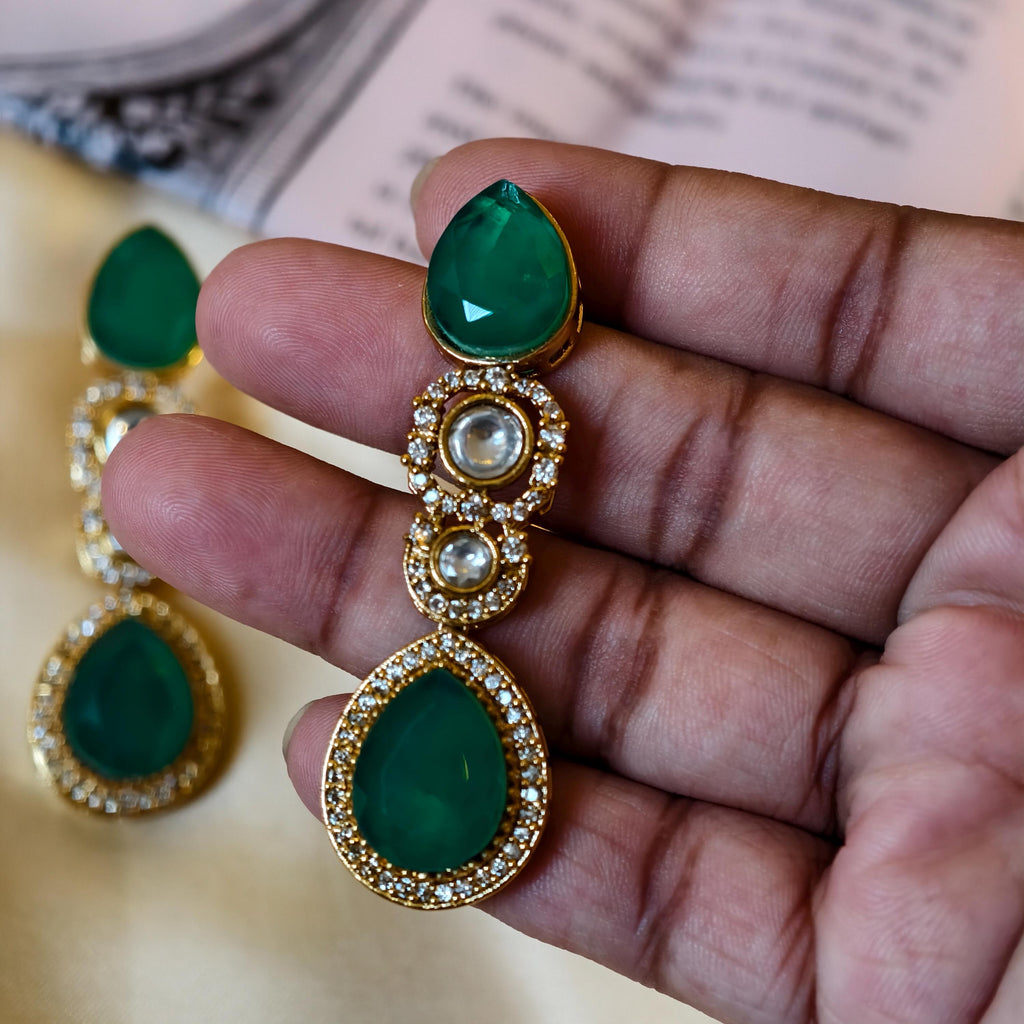 Emerald Green Kundan Drop Earrings, Gold Plated Indian Bridal Statement Dangles