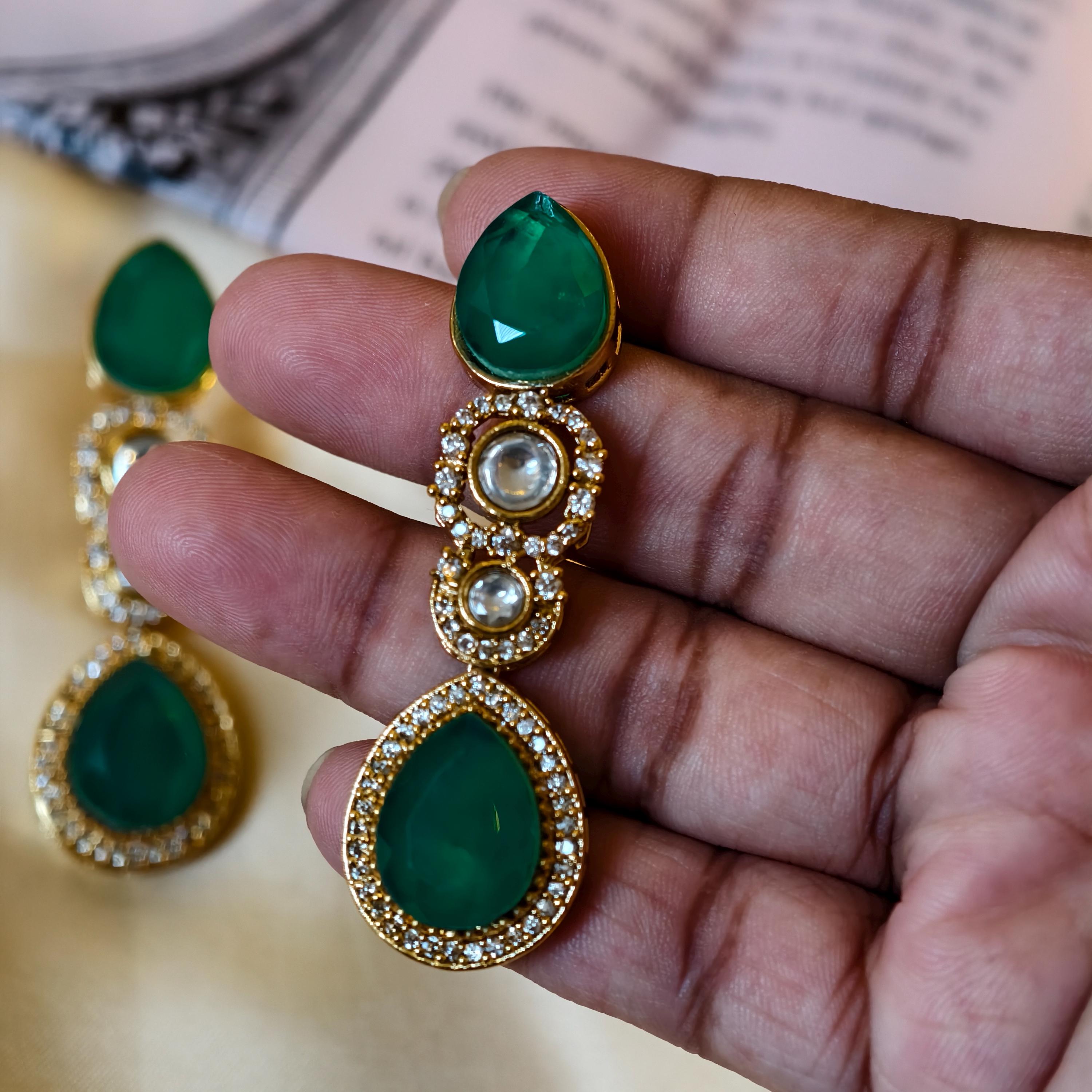 Emerald Green Kundan Drop Earrings, Gold Plated Indian Bridal Statement Dangles