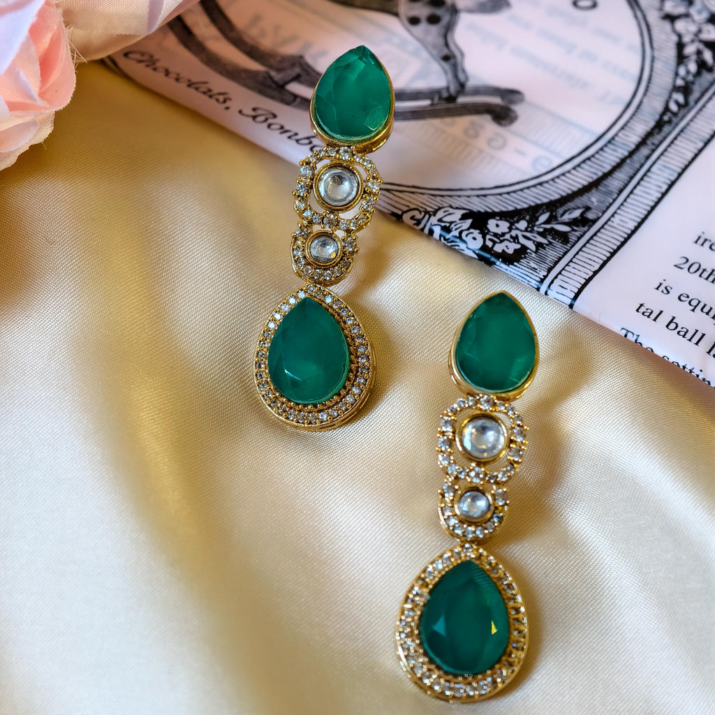 Emerald Green Kundan Drop Earrings, Gold Plated Indian Bridal Statement Dangles