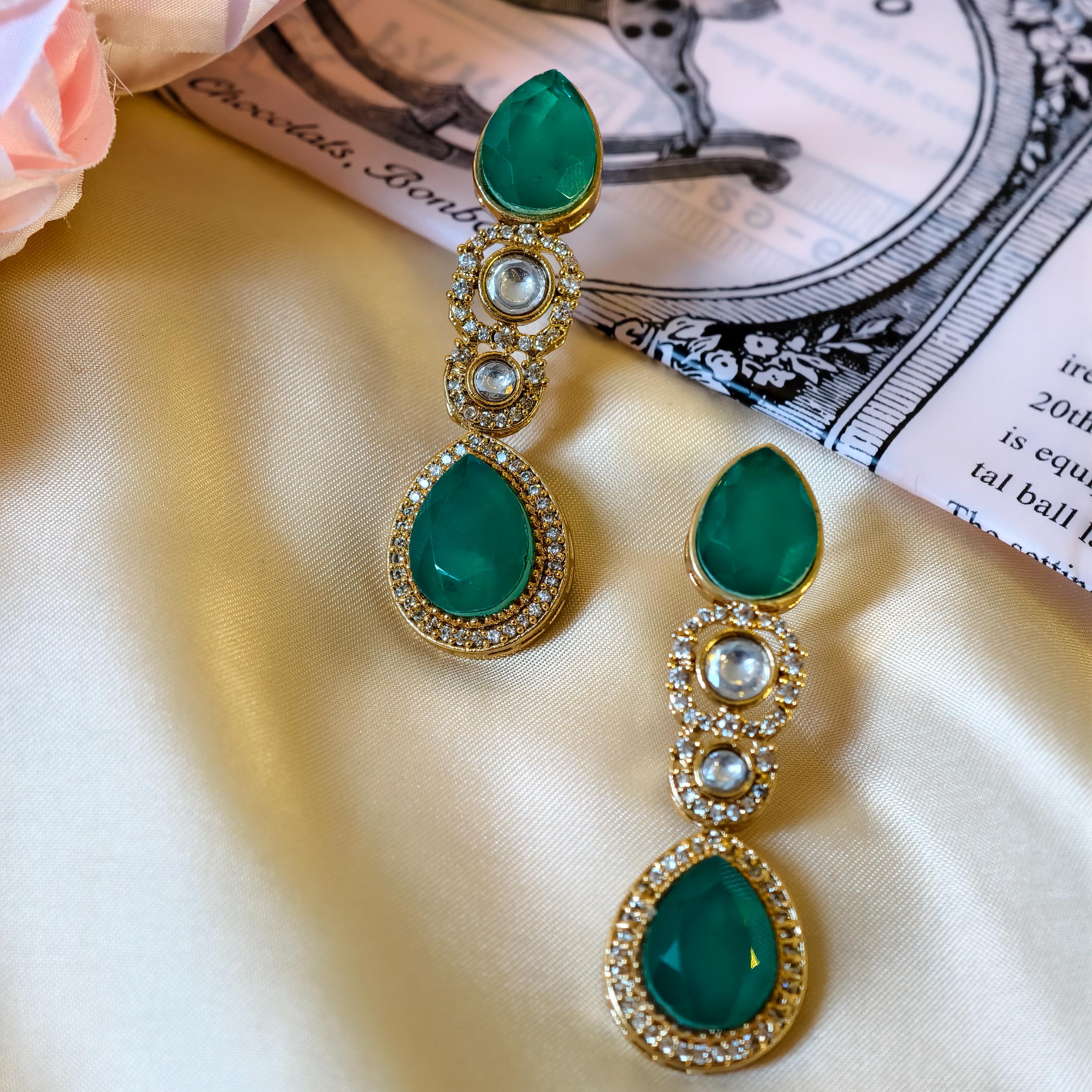 Emerald Green Kundan Drop Earrings, Gold Plated Indian Bridal Statement Dangles