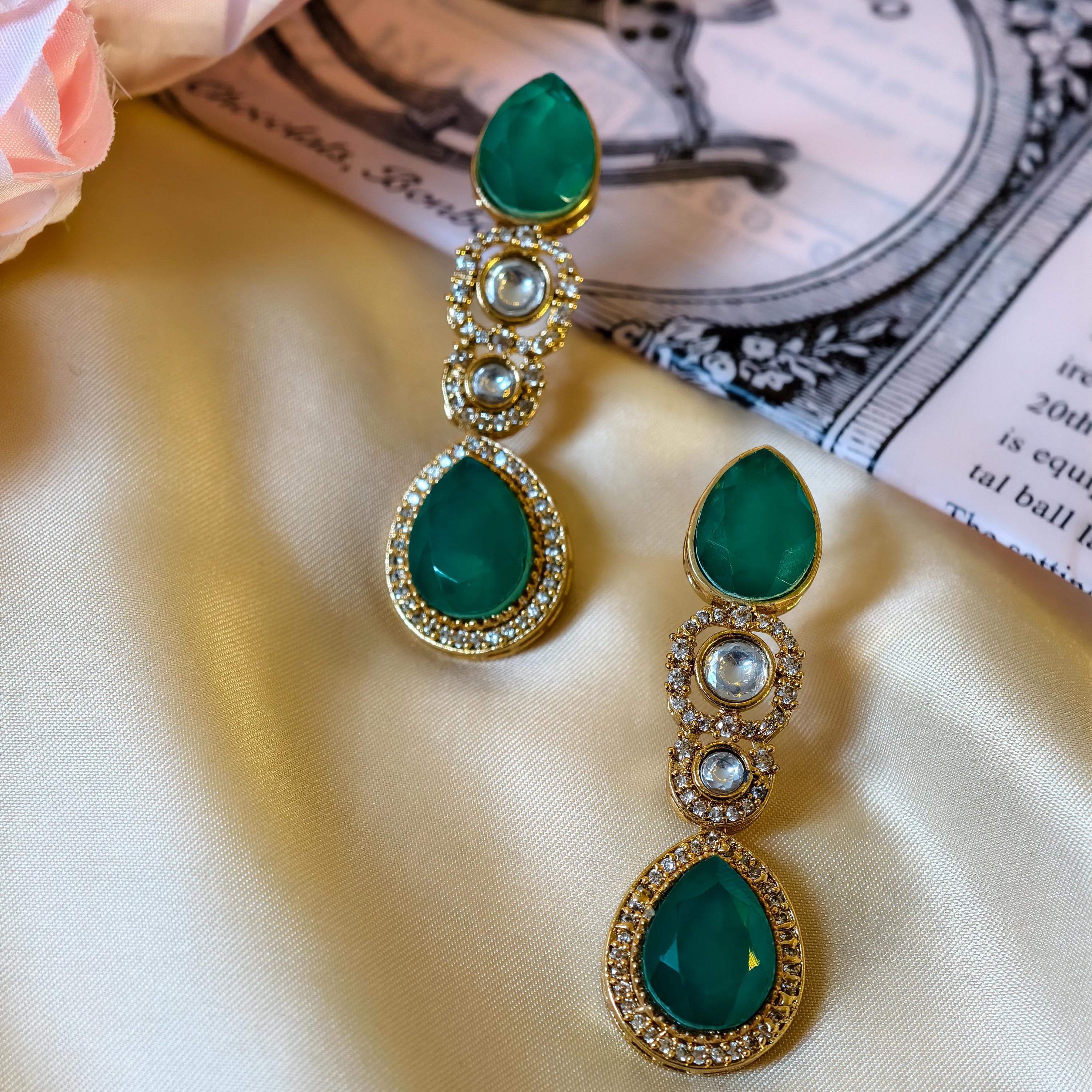 Emerald Green Kundan Drop Earrings, Gold Plated Indian Bridal Statement Dangles