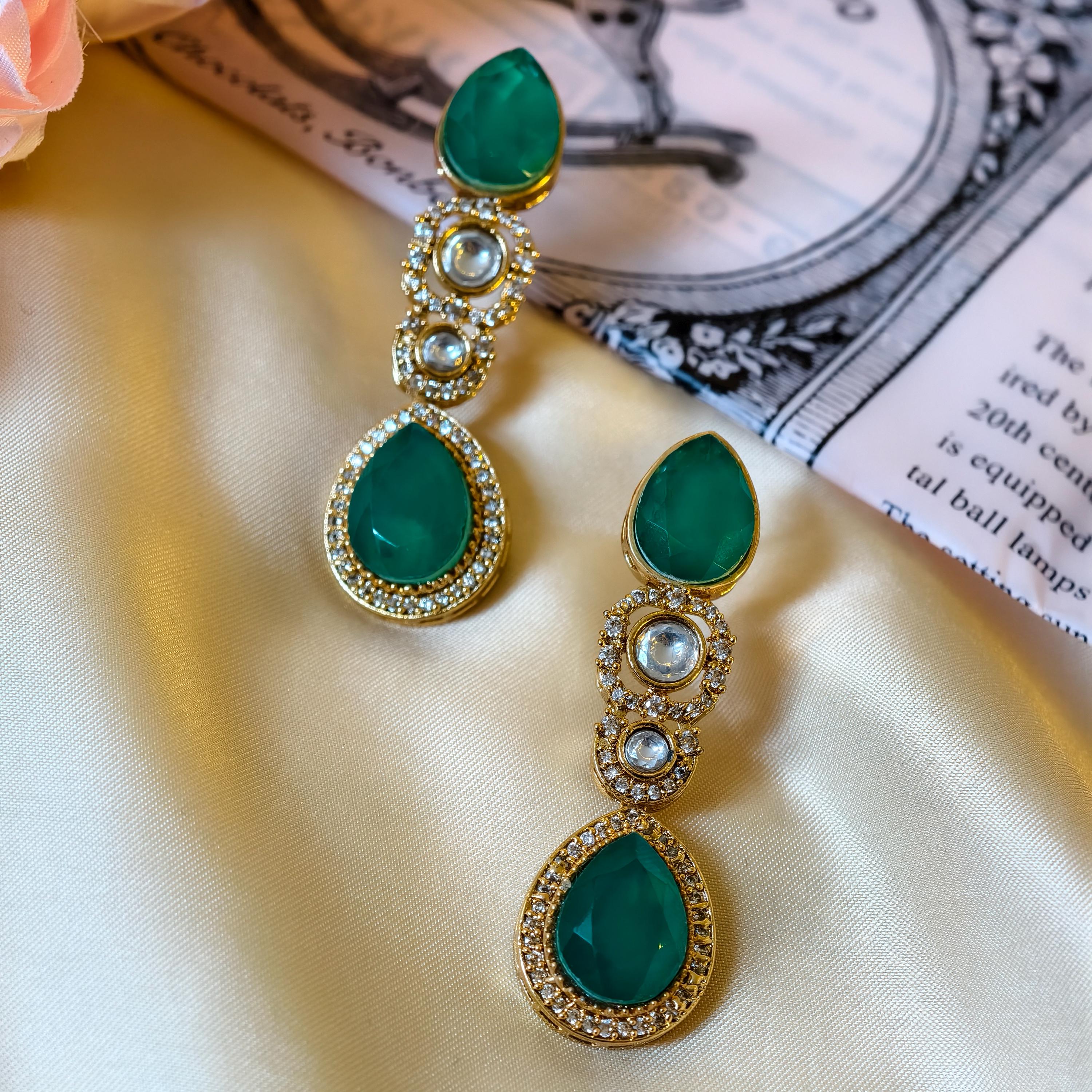 Emerald Green Kundan Drop Earrings, Gold Plated Indian Bridal Statement Dangles