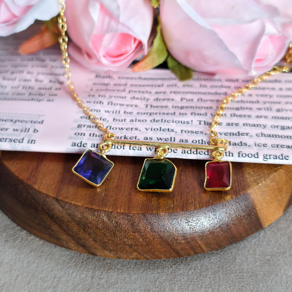 Multi-Gemstone Bar Necklace, Raw Emerald Sapphire Ruby Pendant, Gold-Toned Brass Chain, Boho Jewelry
