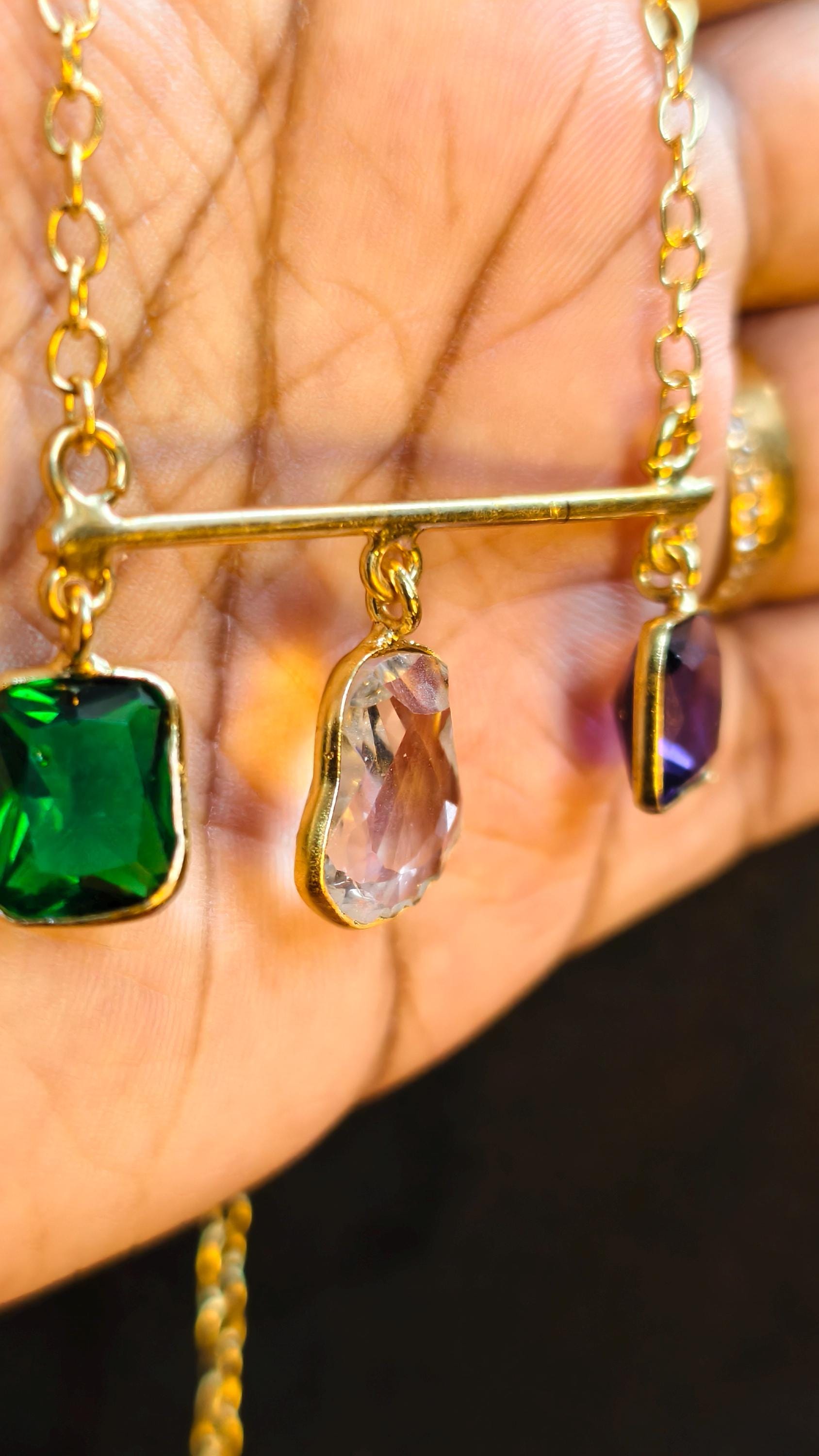 Multi-Gemstone Bar Necklace, Raw Emerald Sapphire Ruby Pendant, Gold-Toned Brass Chain, Boho Jewelry