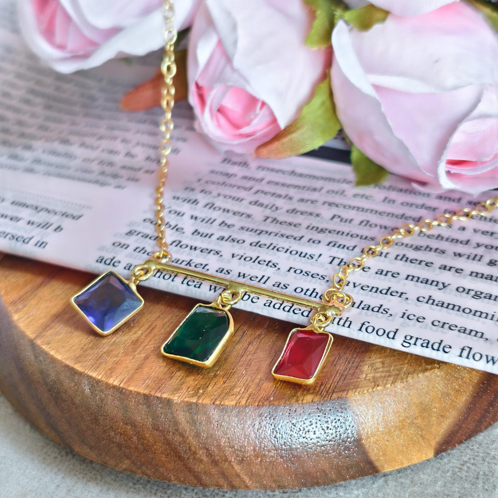 Multi-Gemstone Bar Necklace, Raw Emerald Sapphire Ruby Pendant, Gold-Toned Brass Chain, Boho Jewelry