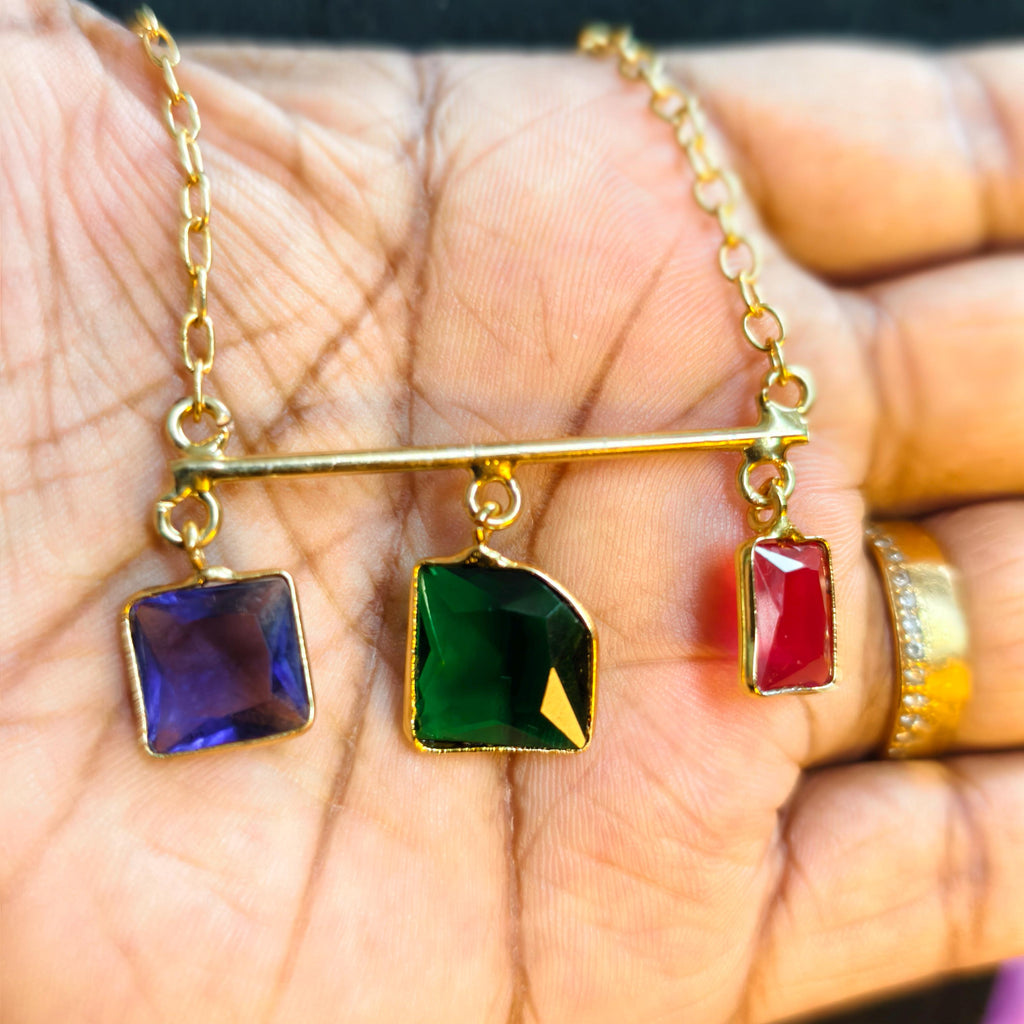 Multi-Gemstone Bar Necklace, Raw Emerald Sapphire Ruby Pendant, Gold-Toned Brass Chain, Boho Jewelry