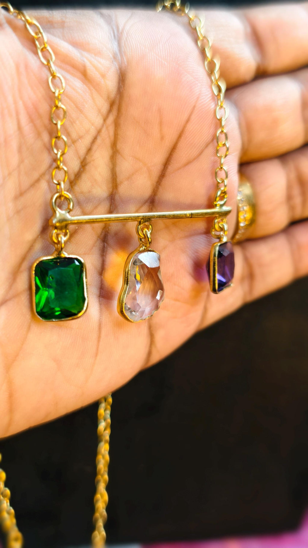 Multi-Gemstone Bar Necklace, Raw Emerald Sapphire Ruby Pendant, Gold-Toned Brass Chain, Boho Jewelry
