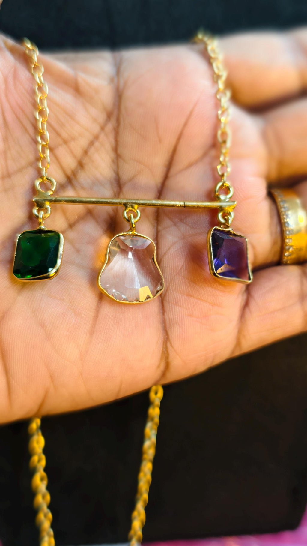 Multi-Gemstone Bar Necklace, Raw Emerald Sapphire Ruby Pendant, Gold-Toned Brass Chain, Boho Jewelry