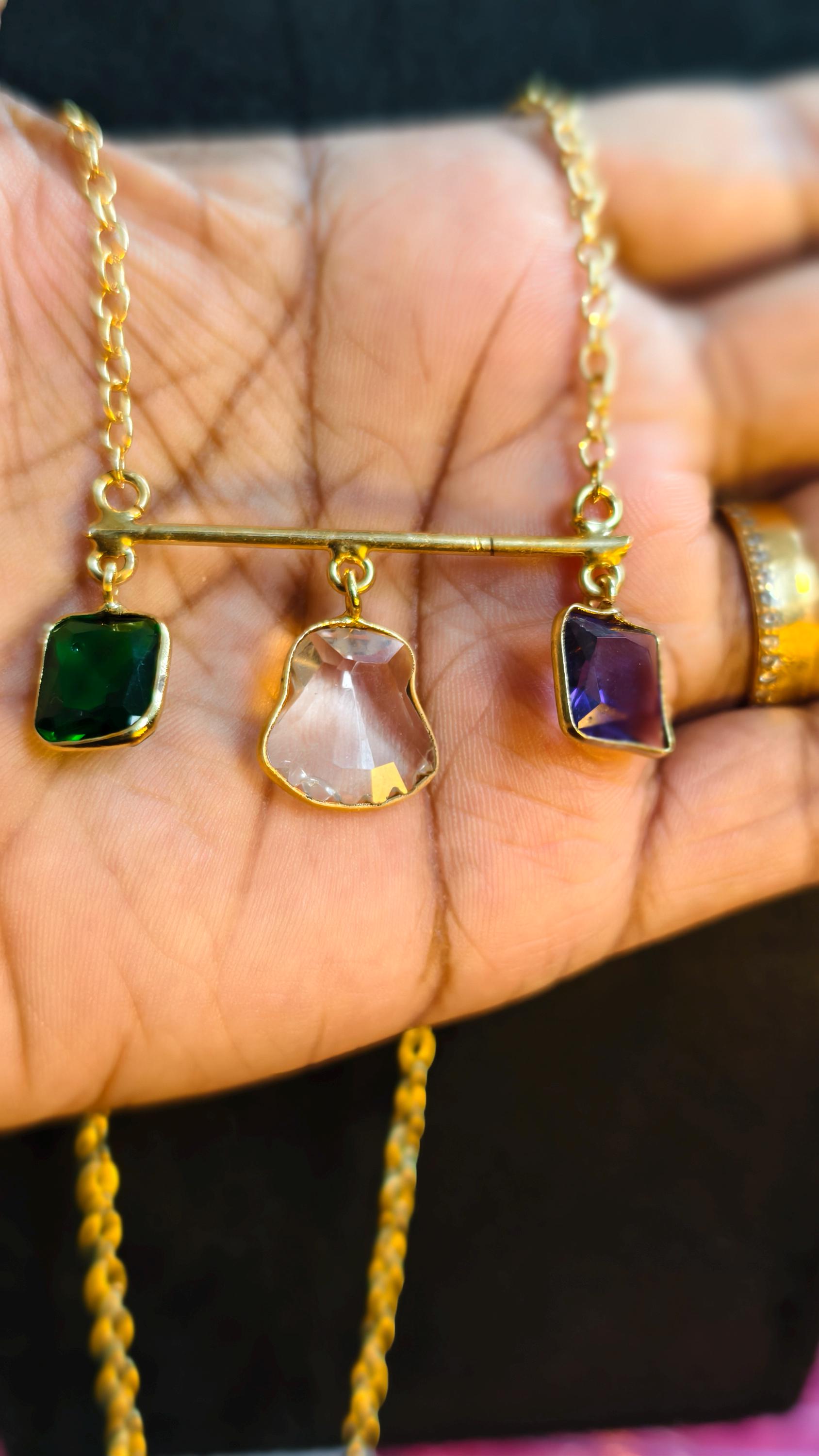 Multi-Gemstone Bar Necklace, Raw Emerald Sapphire Ruby Pendant, Gold-Toned Brass Chain, Boho Jewelry