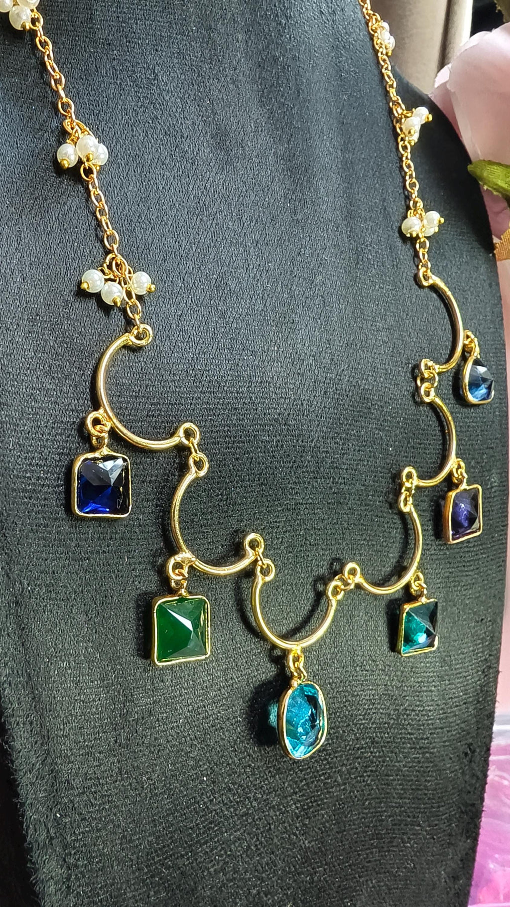 Multi-Gemstone Bar Necklace, Raw Emerald Sapphire Ruby Pendant, Gold-Toned Brass Chain, Boho Jewelry