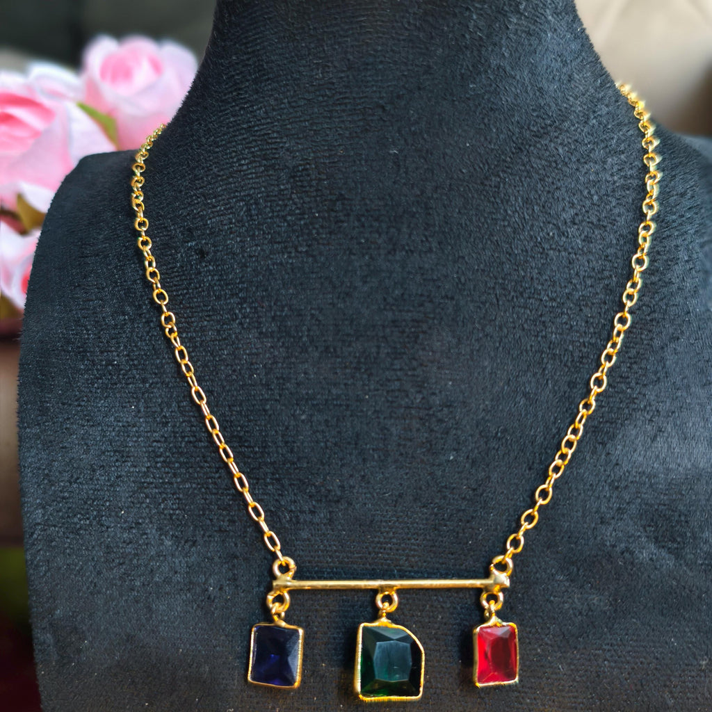 Multi-Gemstone Bar Necklace, Raw Emerald Sapphire Ruby Pendant, Gold-Toned Brass Chain, Boho Jewelry
