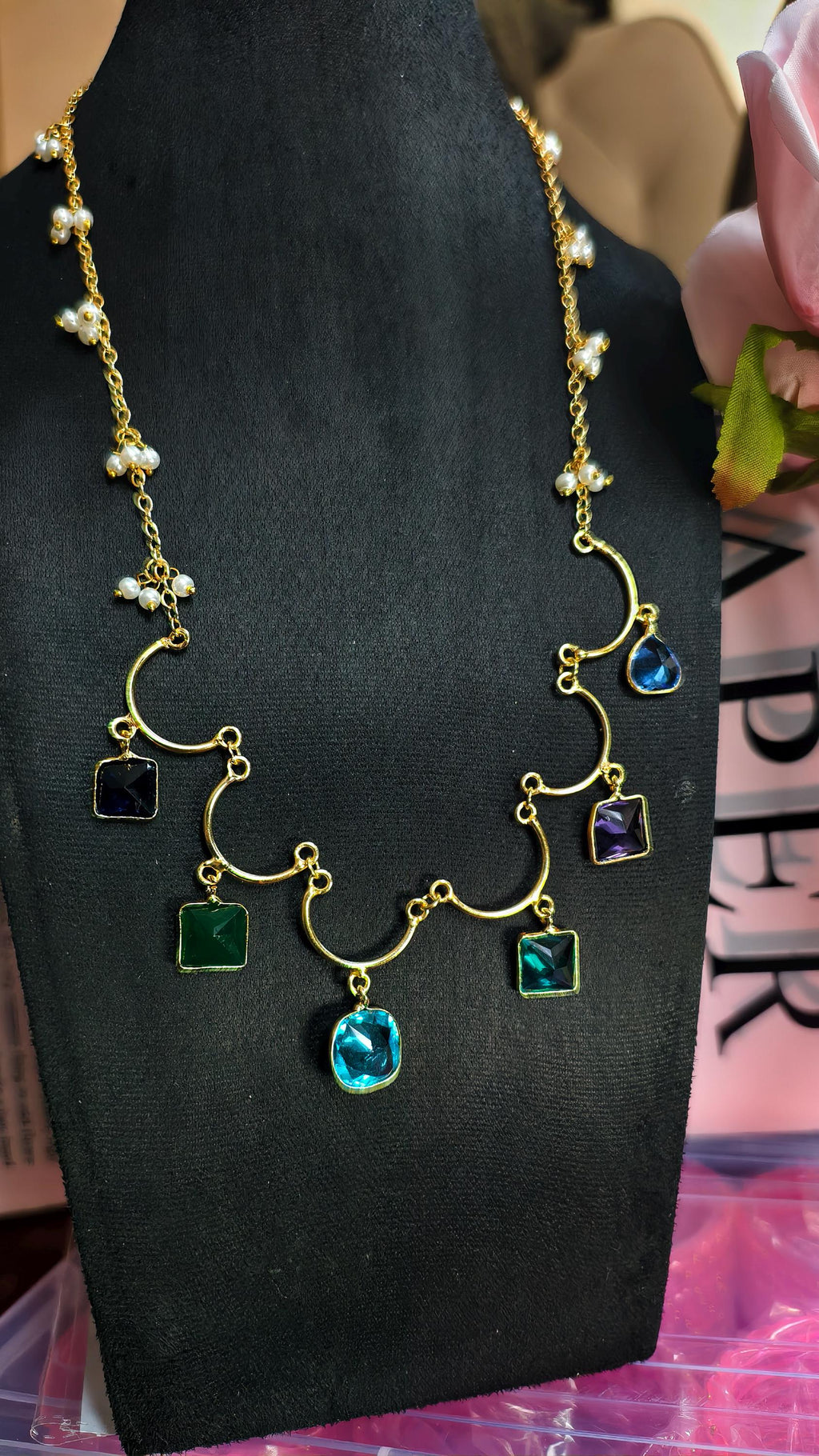 Multi-Gemstone Bar Necklace, Raw Emerald Sapphire Ruby Pendant, Gold-Toned Brass Chain, Boho Jewelry