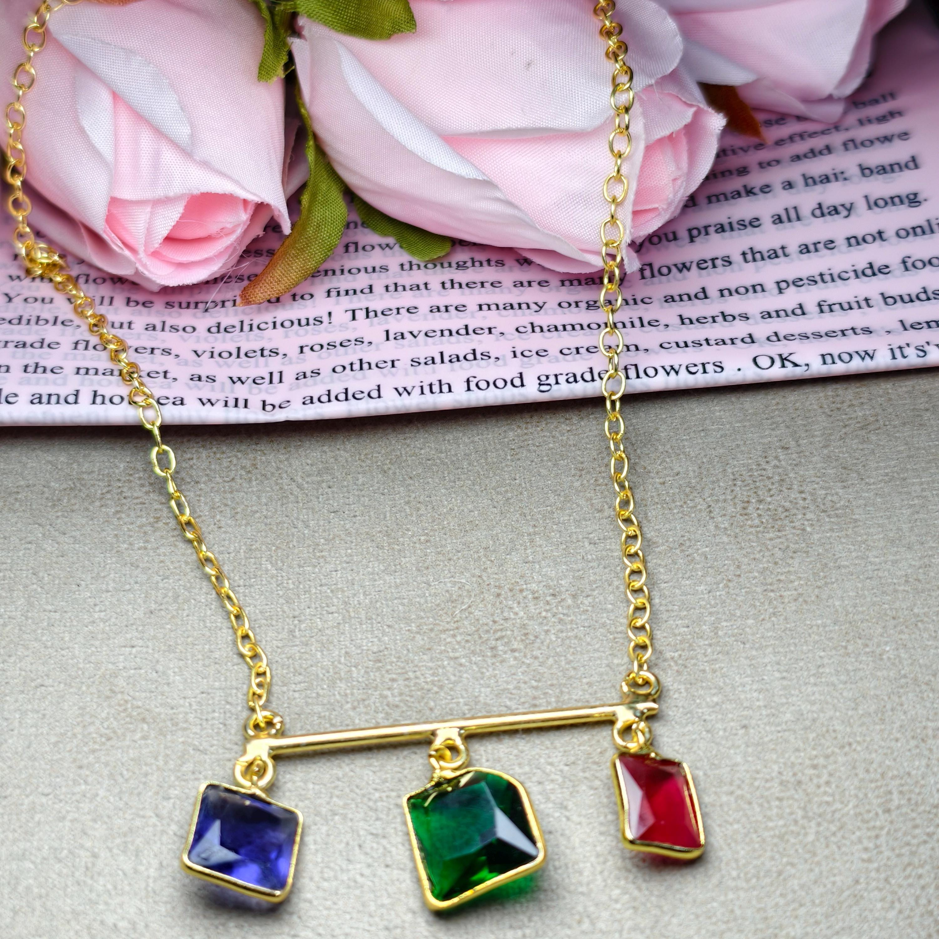 Multi-Gemstone Bar Necklace, Raw Emerald Sapphire Ruby Pendant, Gold-Toned Brass Chain, Boho Jewelry