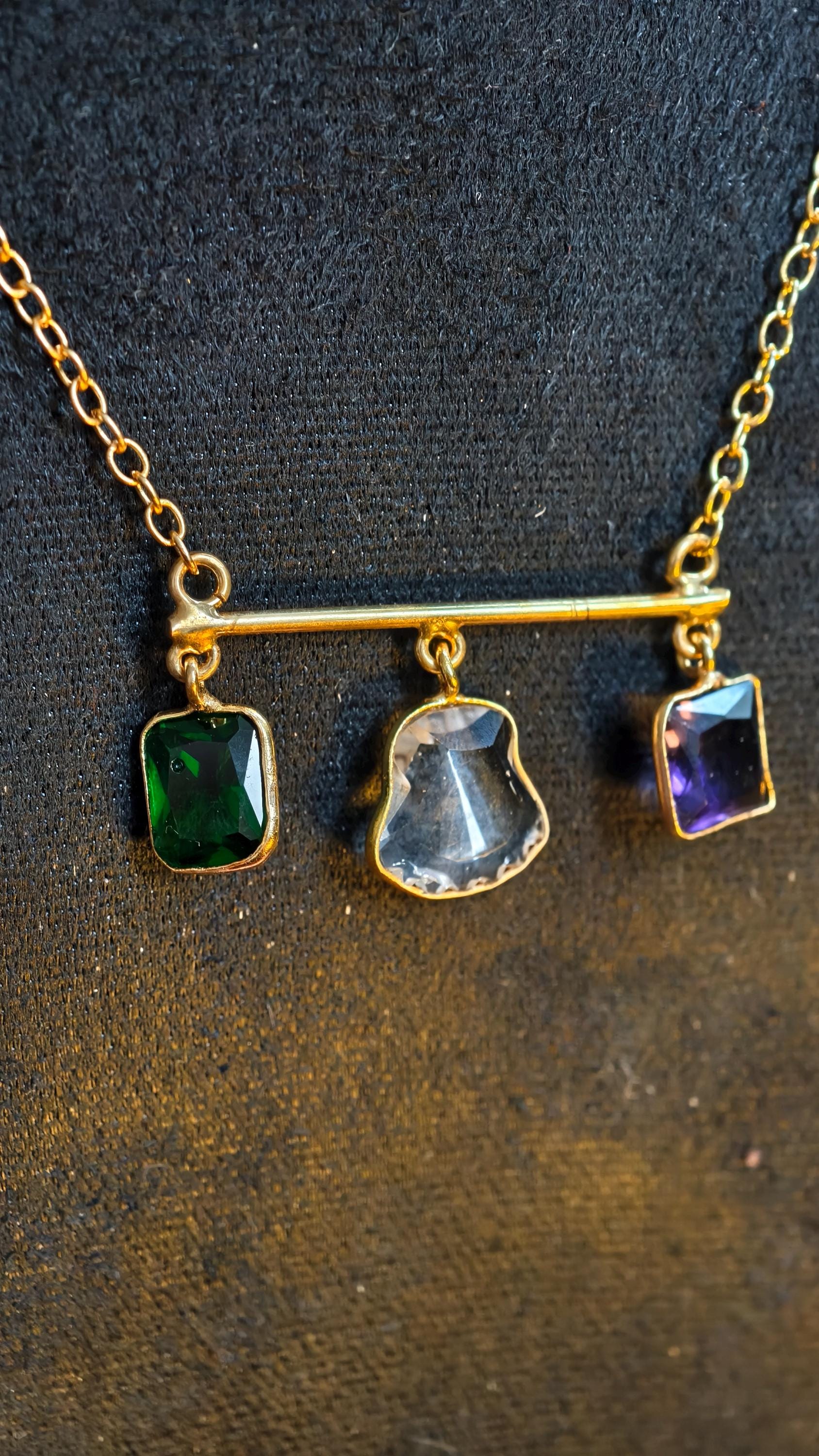 Multi-Gemstone Bar Necklace, Raw Emerald Sapphire Ruby Pendant, Gold-Toned Brass Chain, Boho Jewelry